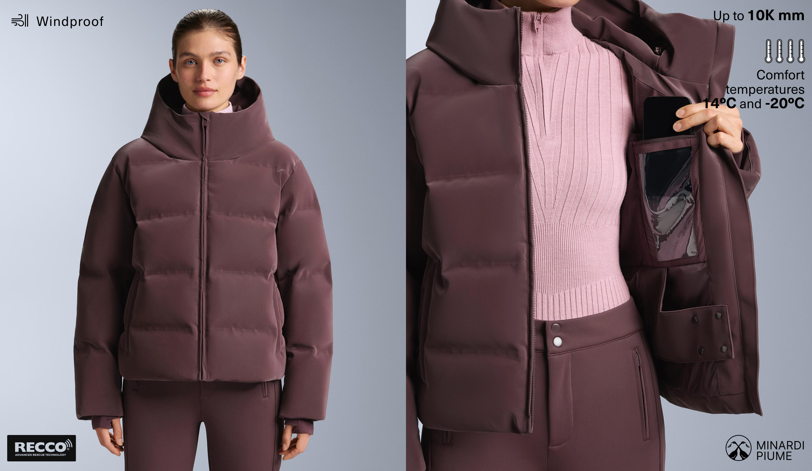 Satin padded jacket 80% down and 20% feather MINARDI PIUME SKI water-resistant — DARK WINE RED