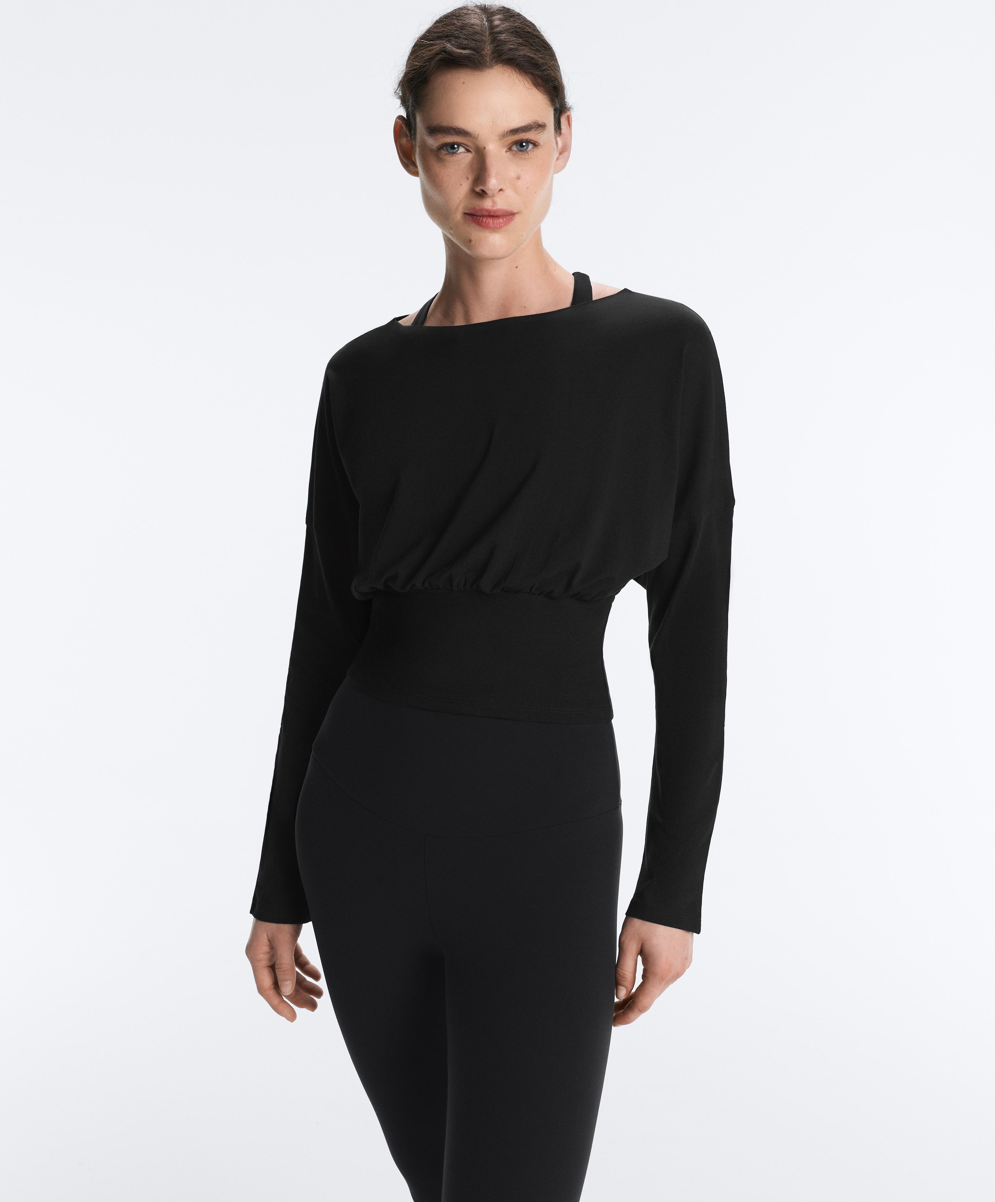 Fitted waist cotton blend T-shirt — BLACK