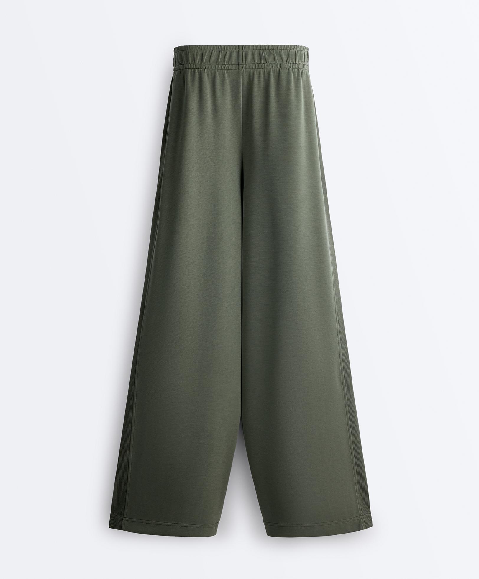 Soft-touch modal wide straight-leg rib trousers — KHAKI