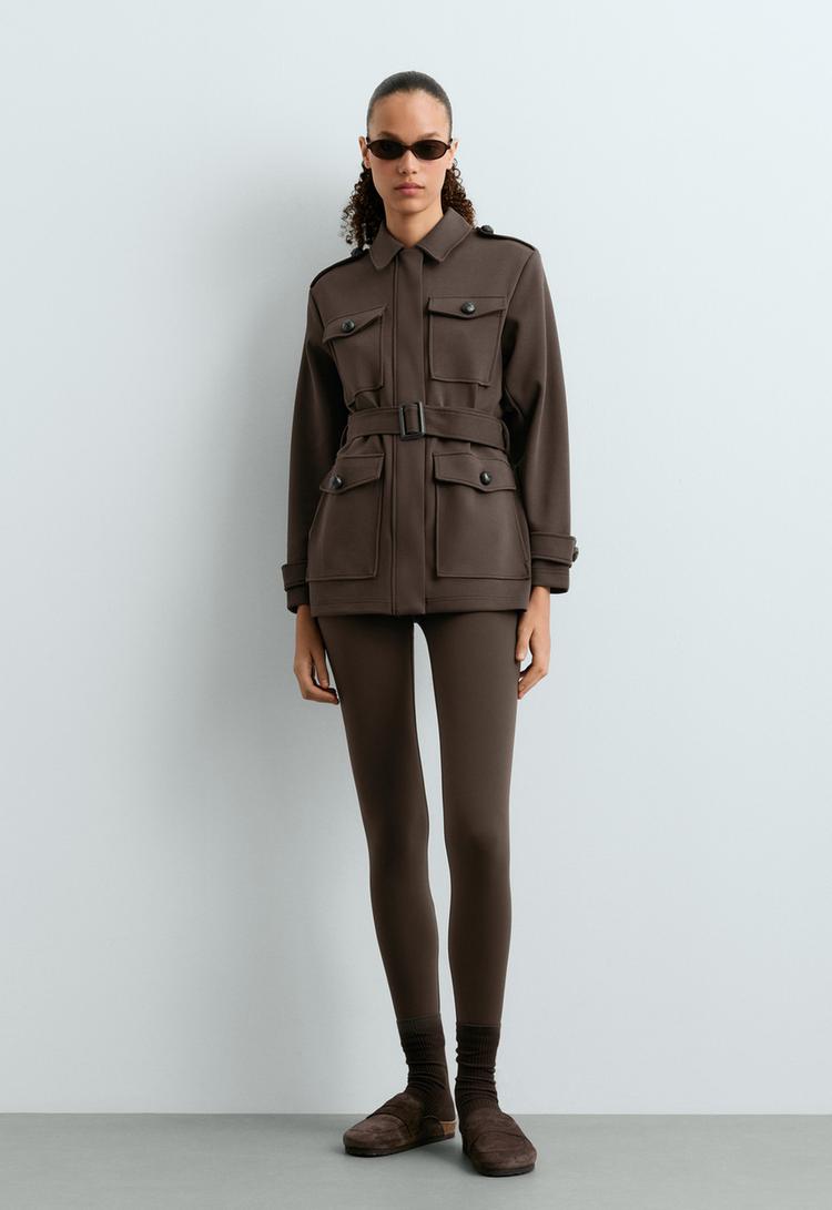 Long cotton piqué pockets jacket — BROWN