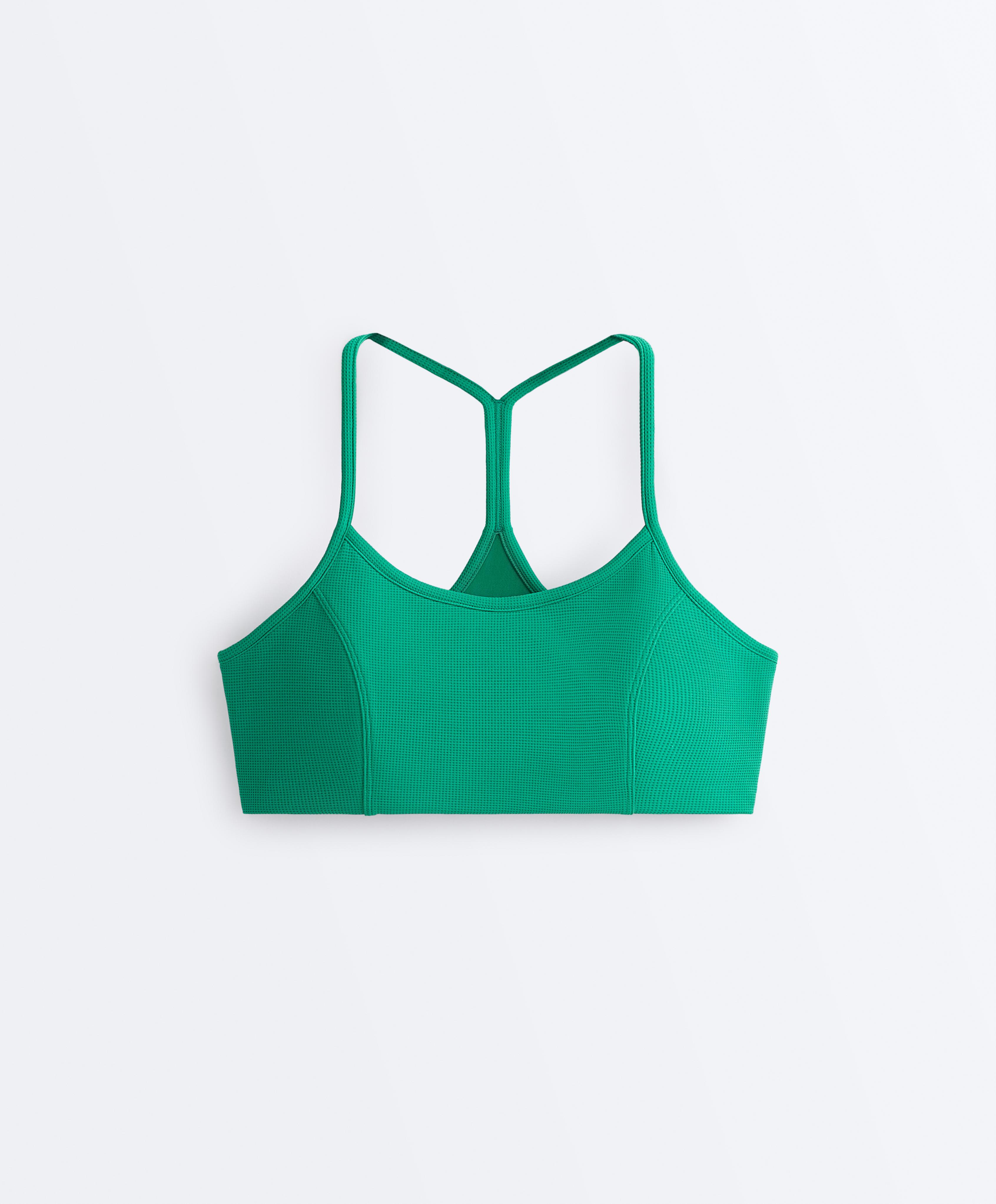 Low-support piqué sports bra — MID-GREEN MELANGE