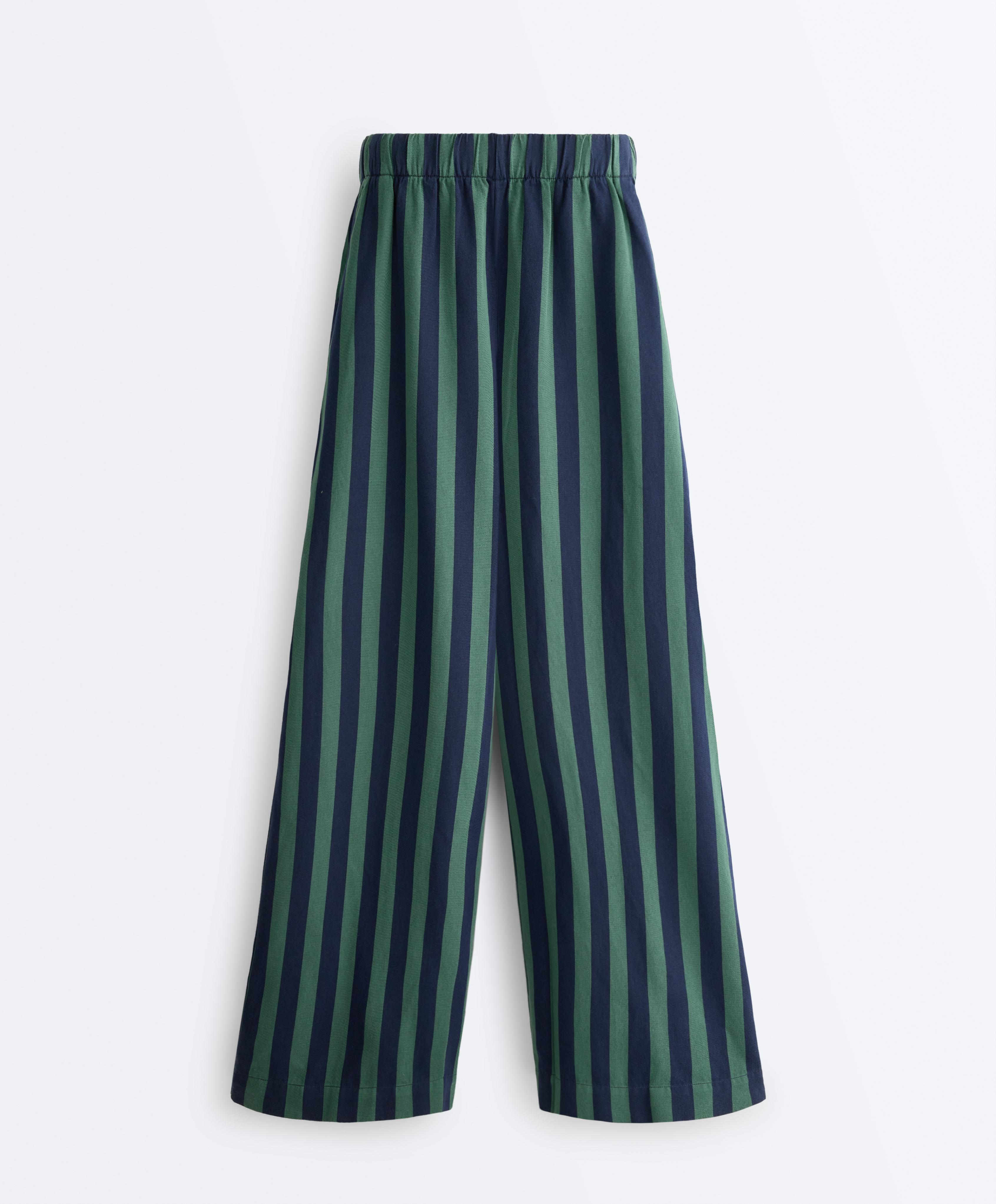 Wide-leg cotton blend striped trousers — GREEN