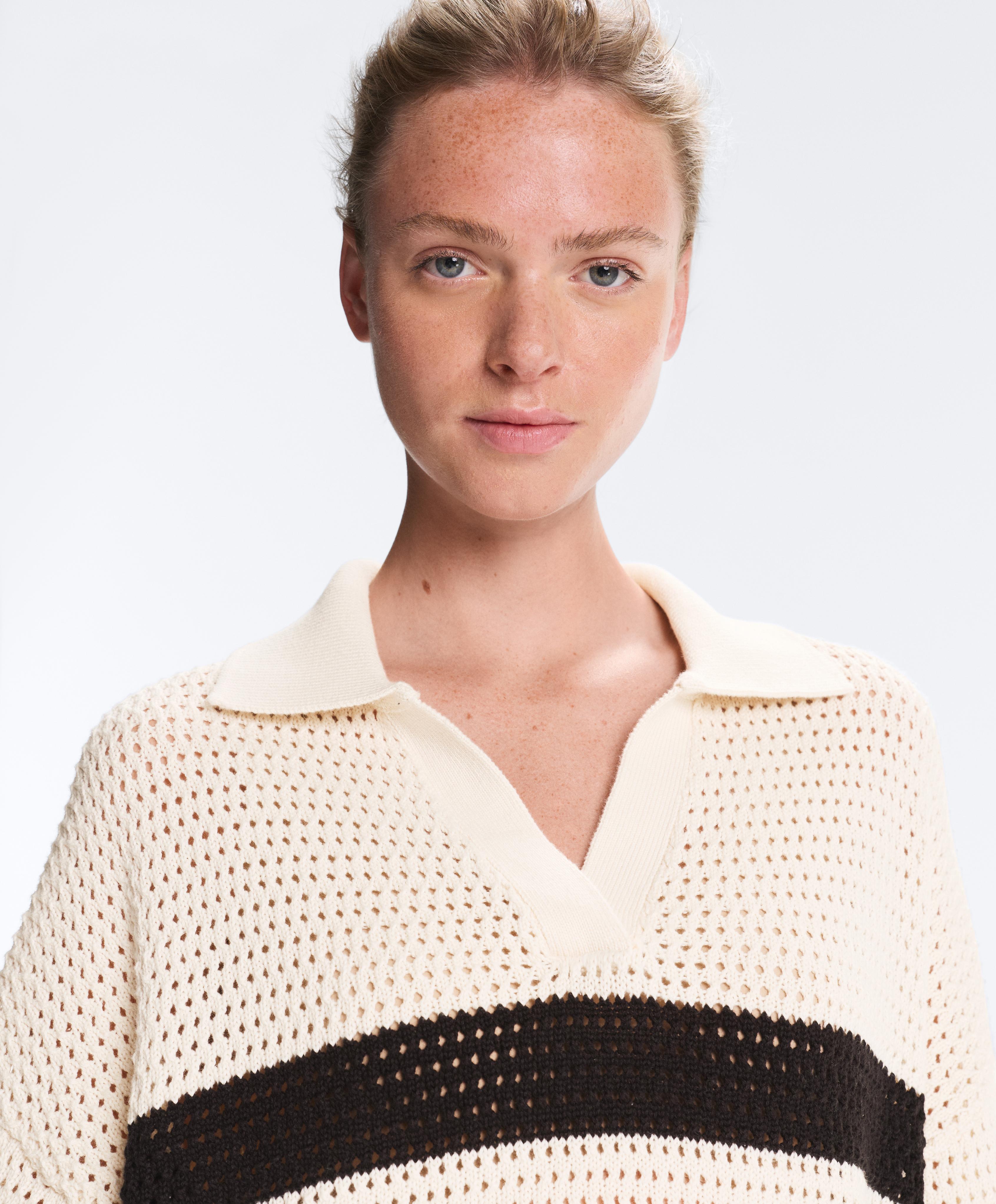 100% cotton striped open knit long-sleeve polo shirt — ECRU