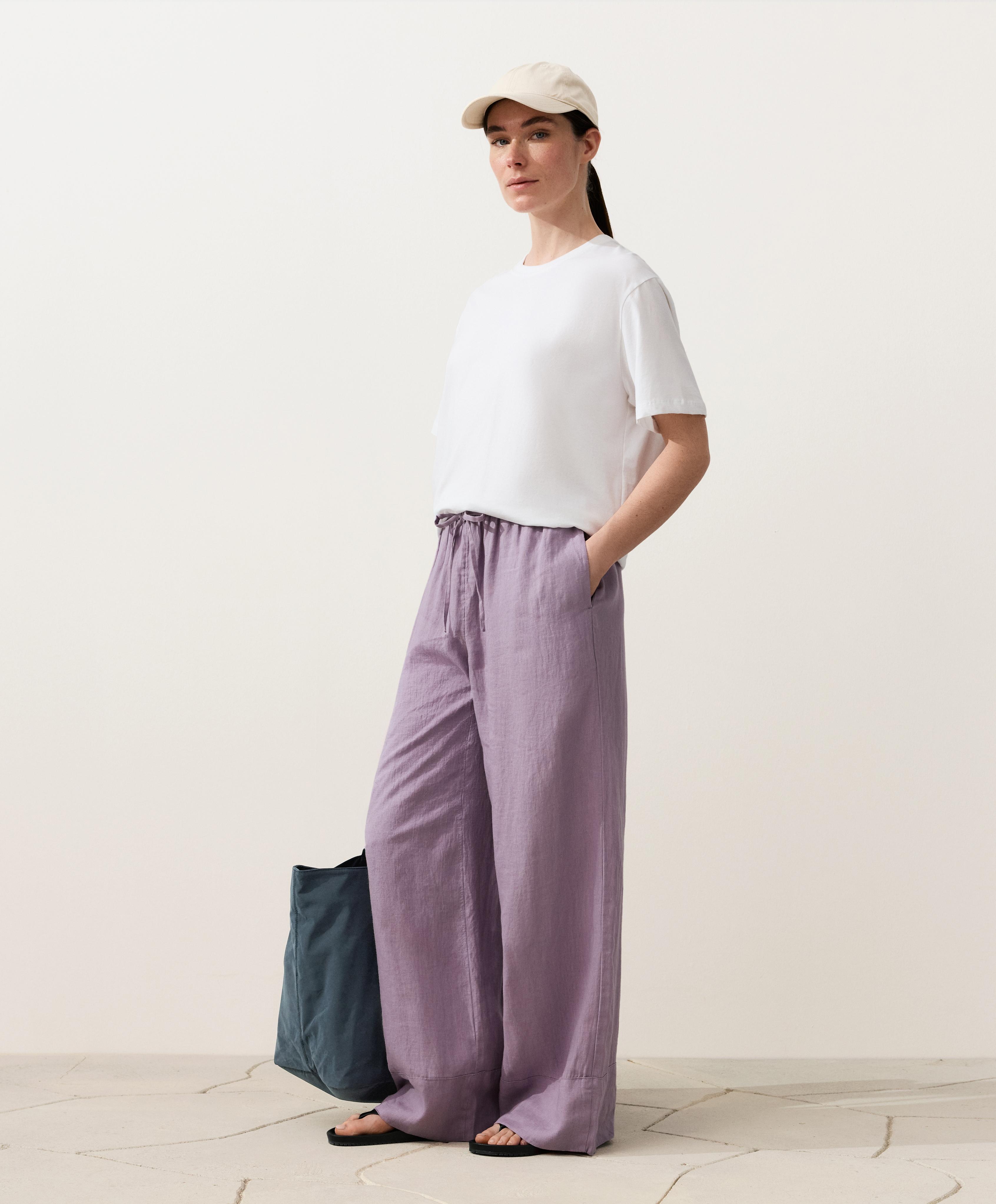 100% linen straight-leg trousers — LILAC