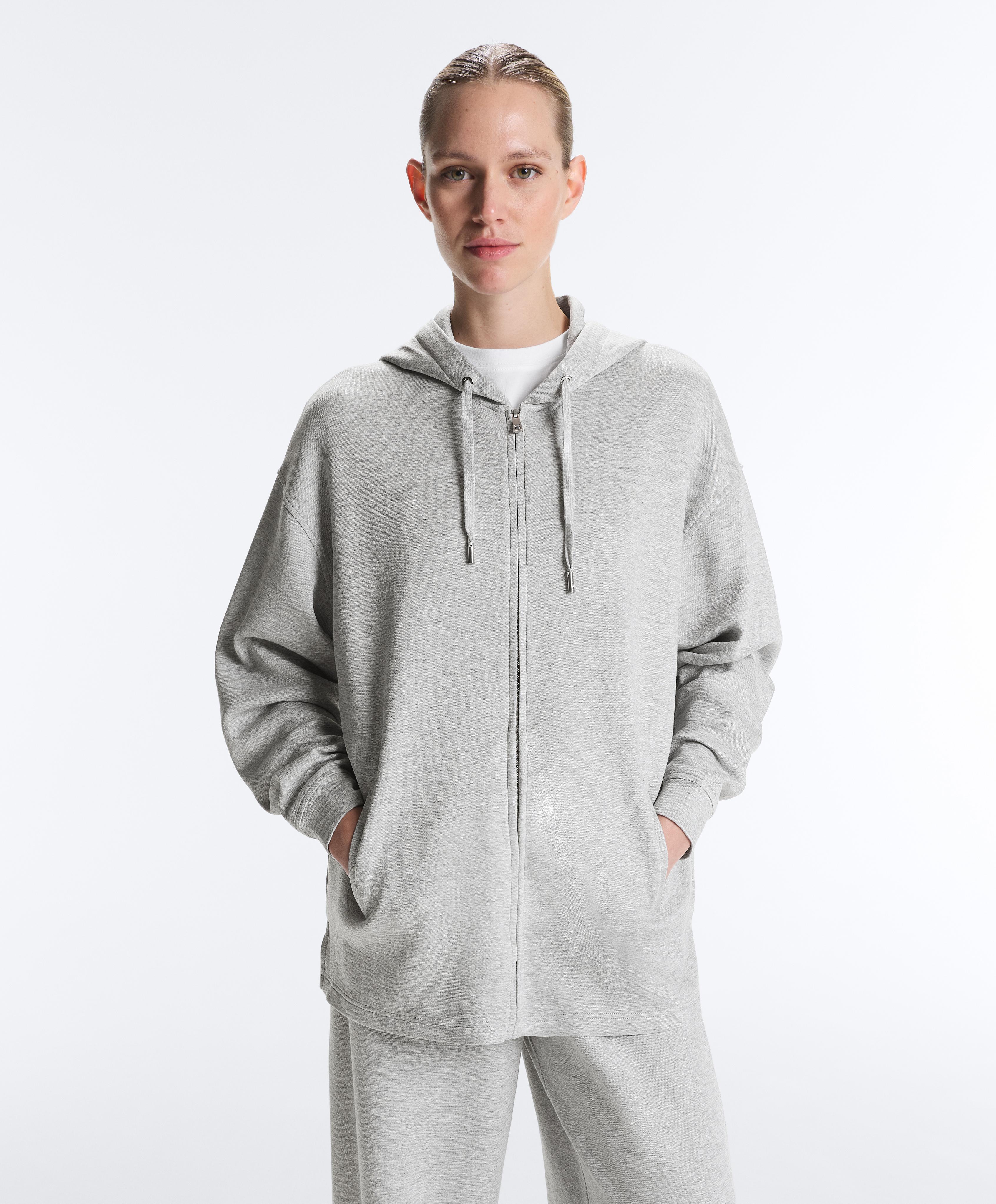 Long melange piqué hooded jacket — GREY MELANGE
