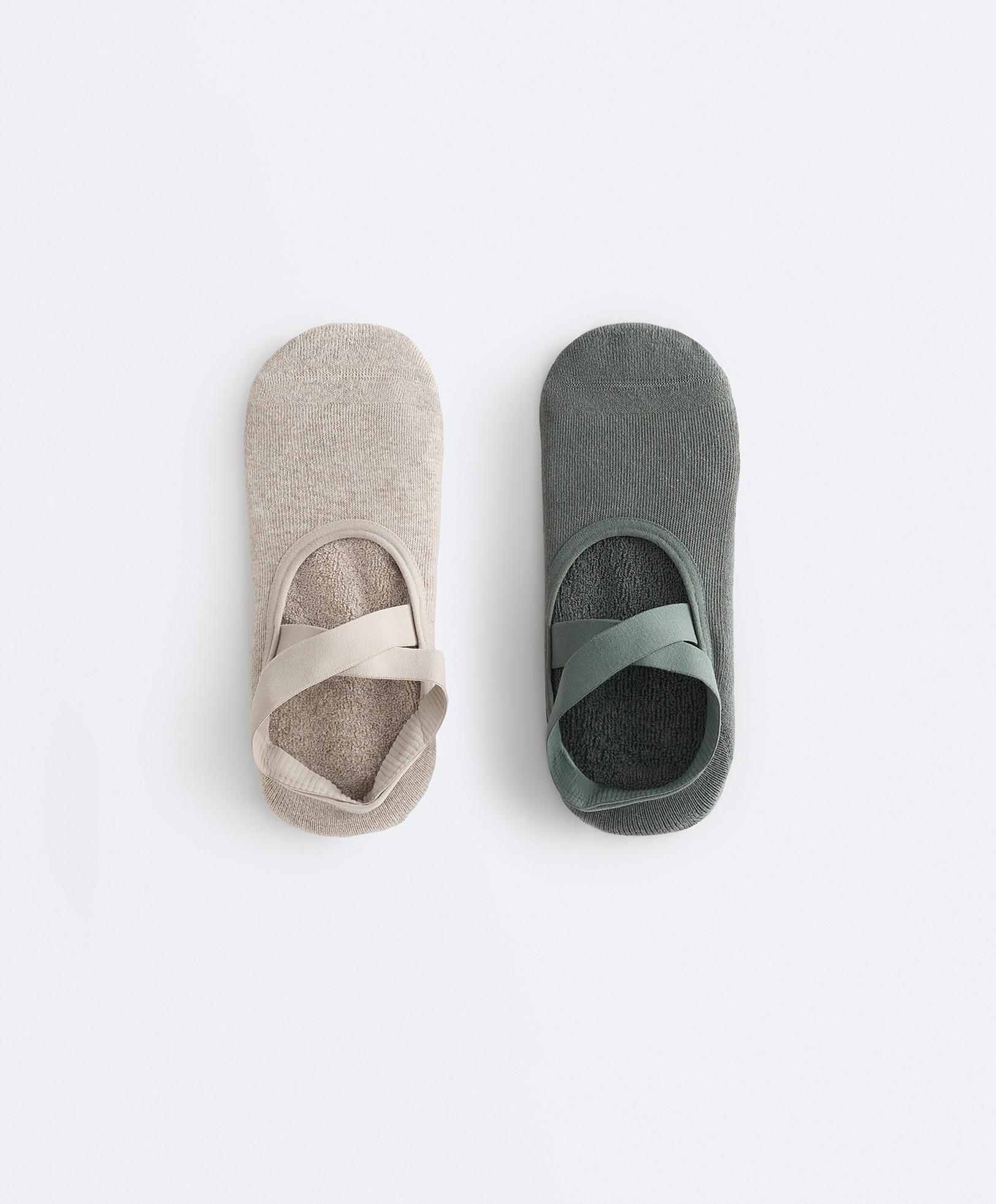 2 pairs of padded cotton blend yoga and Pilates socks with crossover straps — DARK GREEN