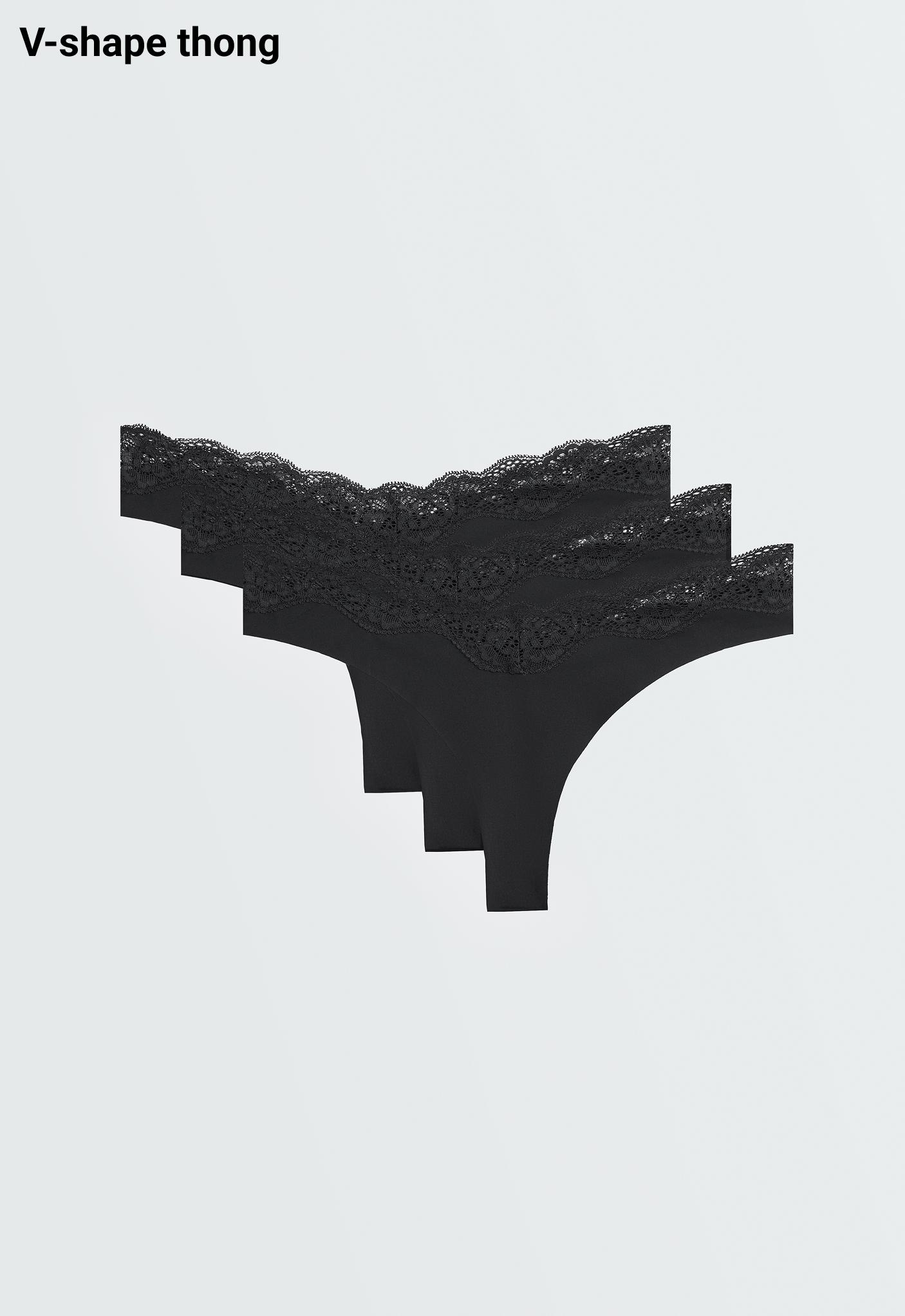 3-pack V-cut lace laser-cut polyamide blend thongs