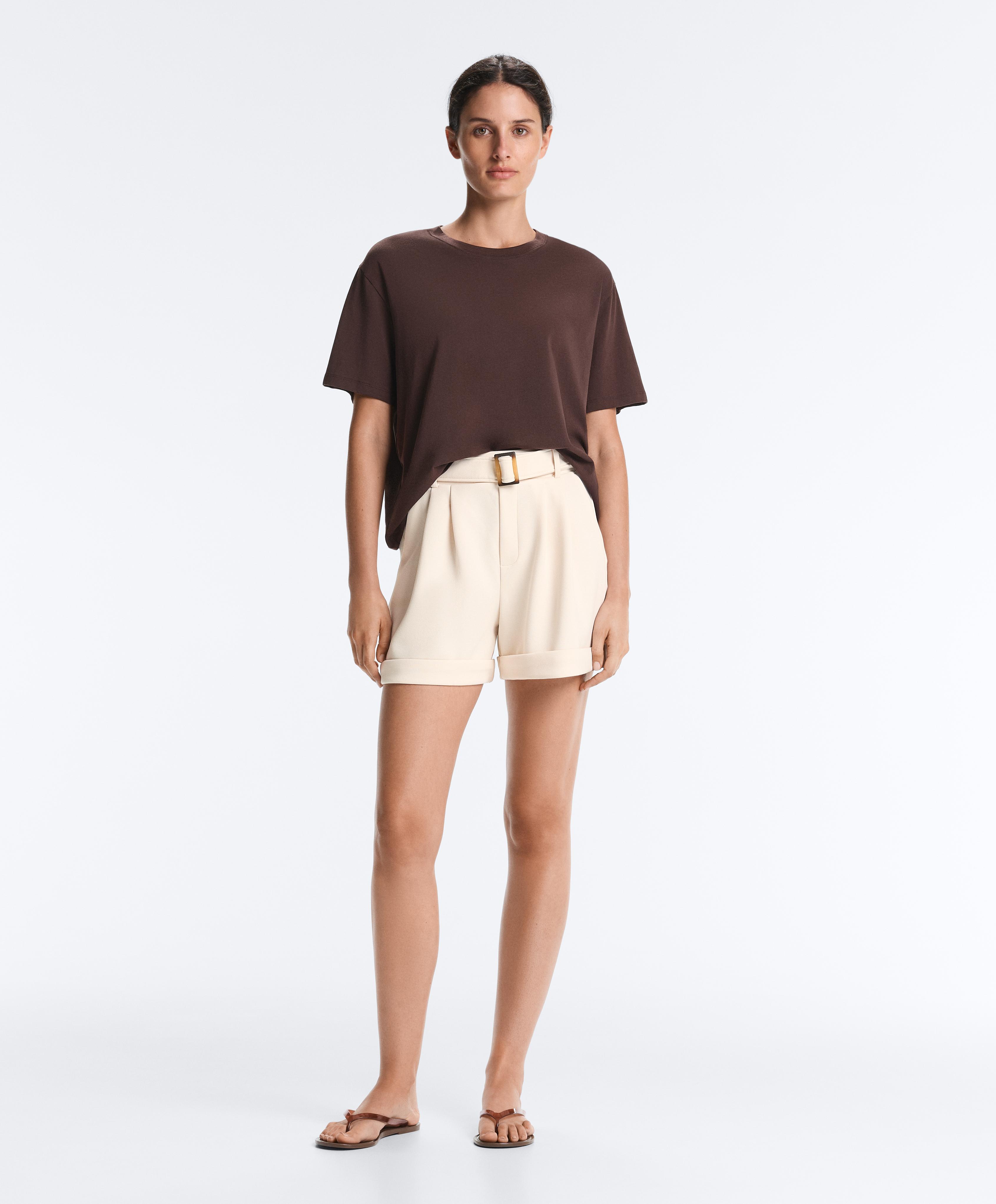 Cotton piqué belted shorts — PALE ECRU