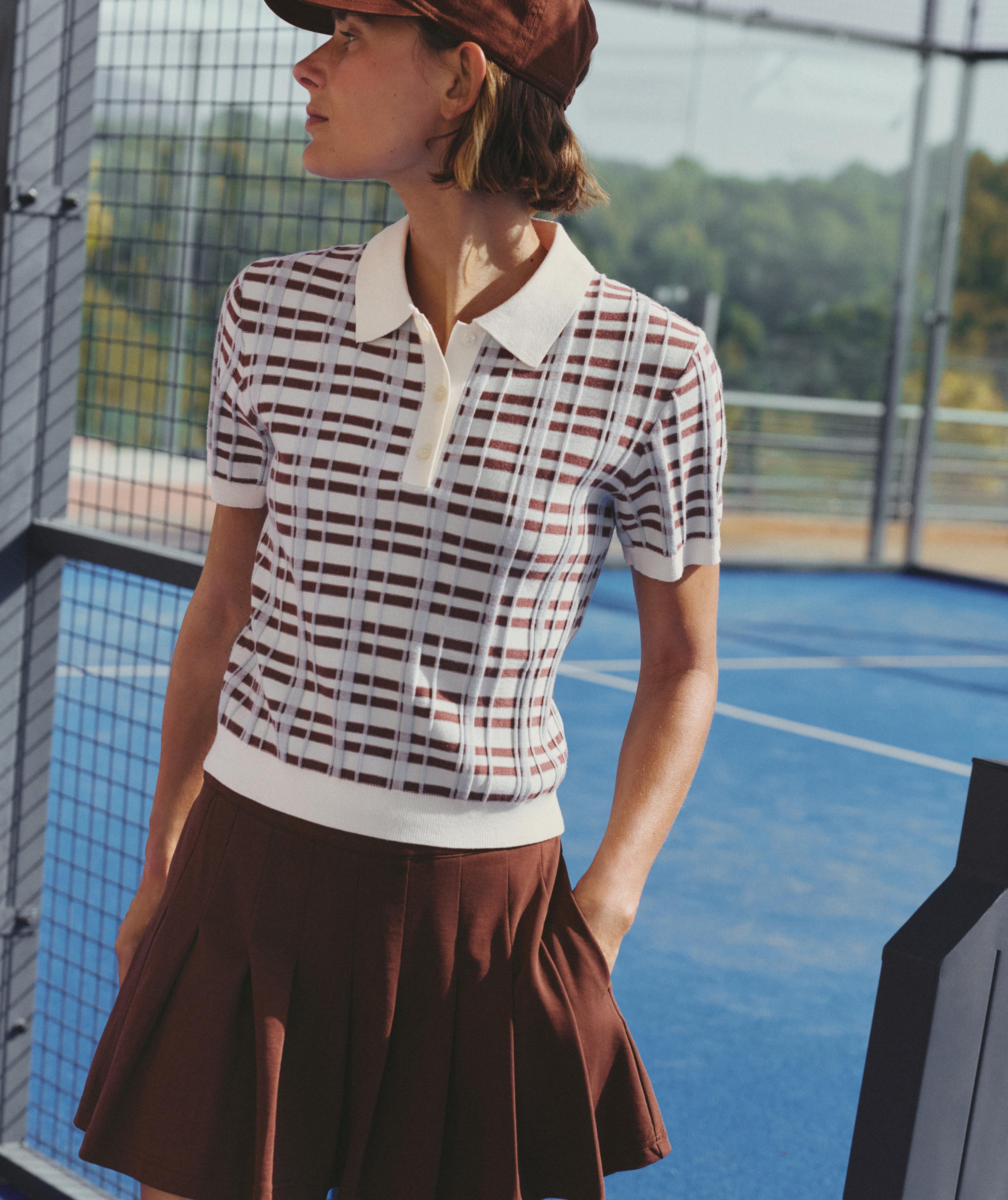 Short sleeve check knit polo shirt — PALE ECRU