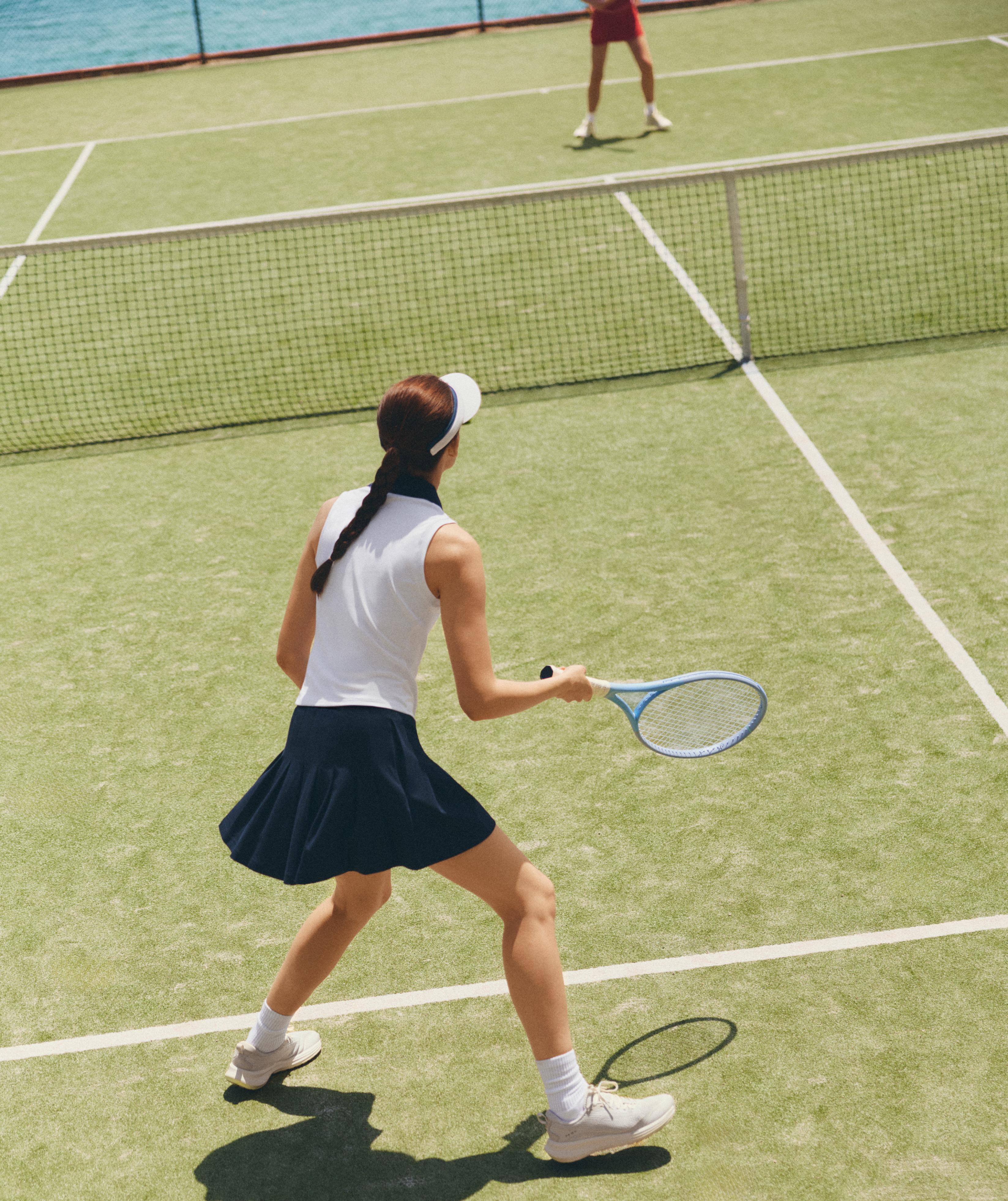 Cotton piqué pleated mini skirt — NAVY BLUE