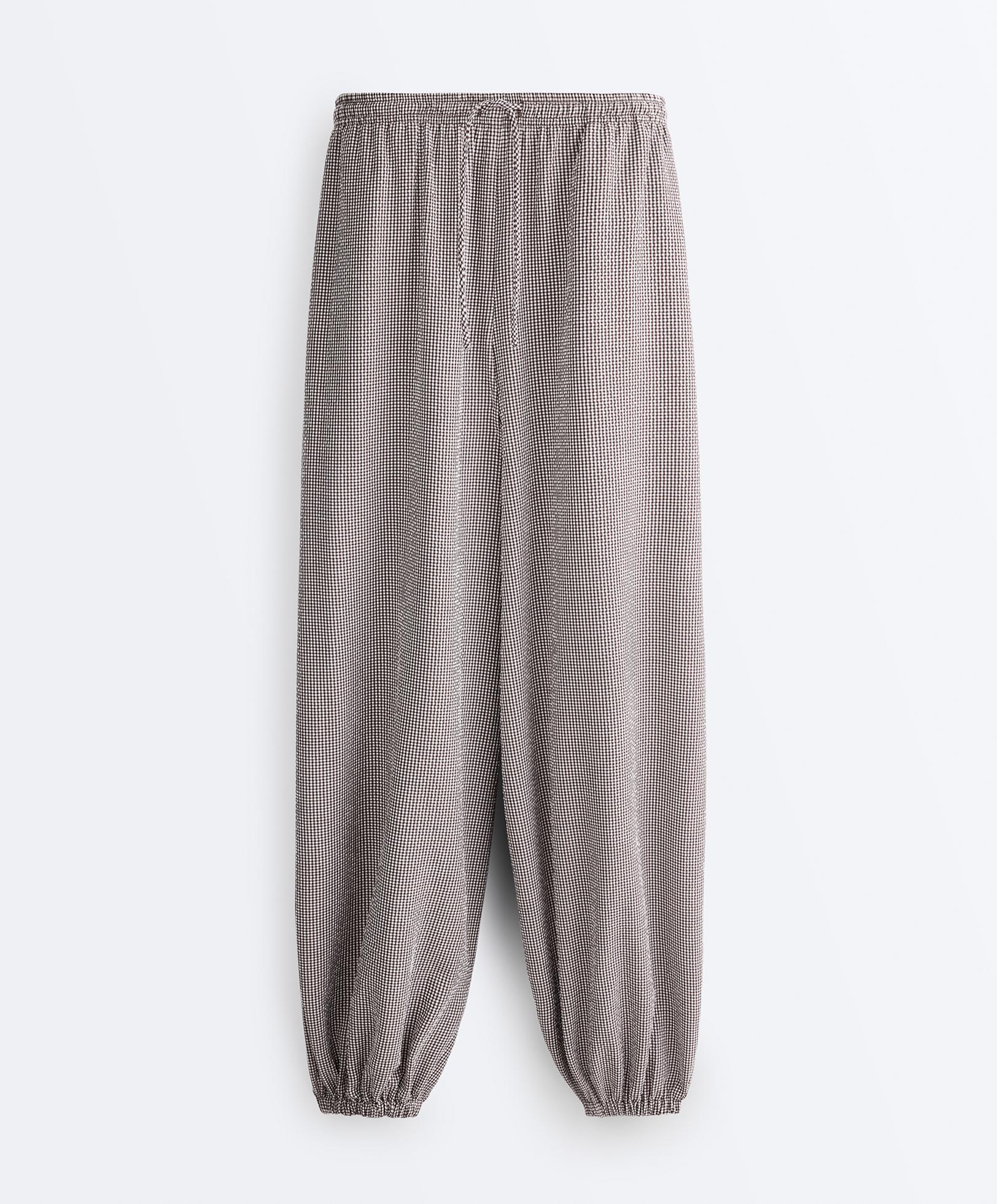 Lyocell blend gingham maxi bloomer trousers — DARK REDDISH‑BROWN