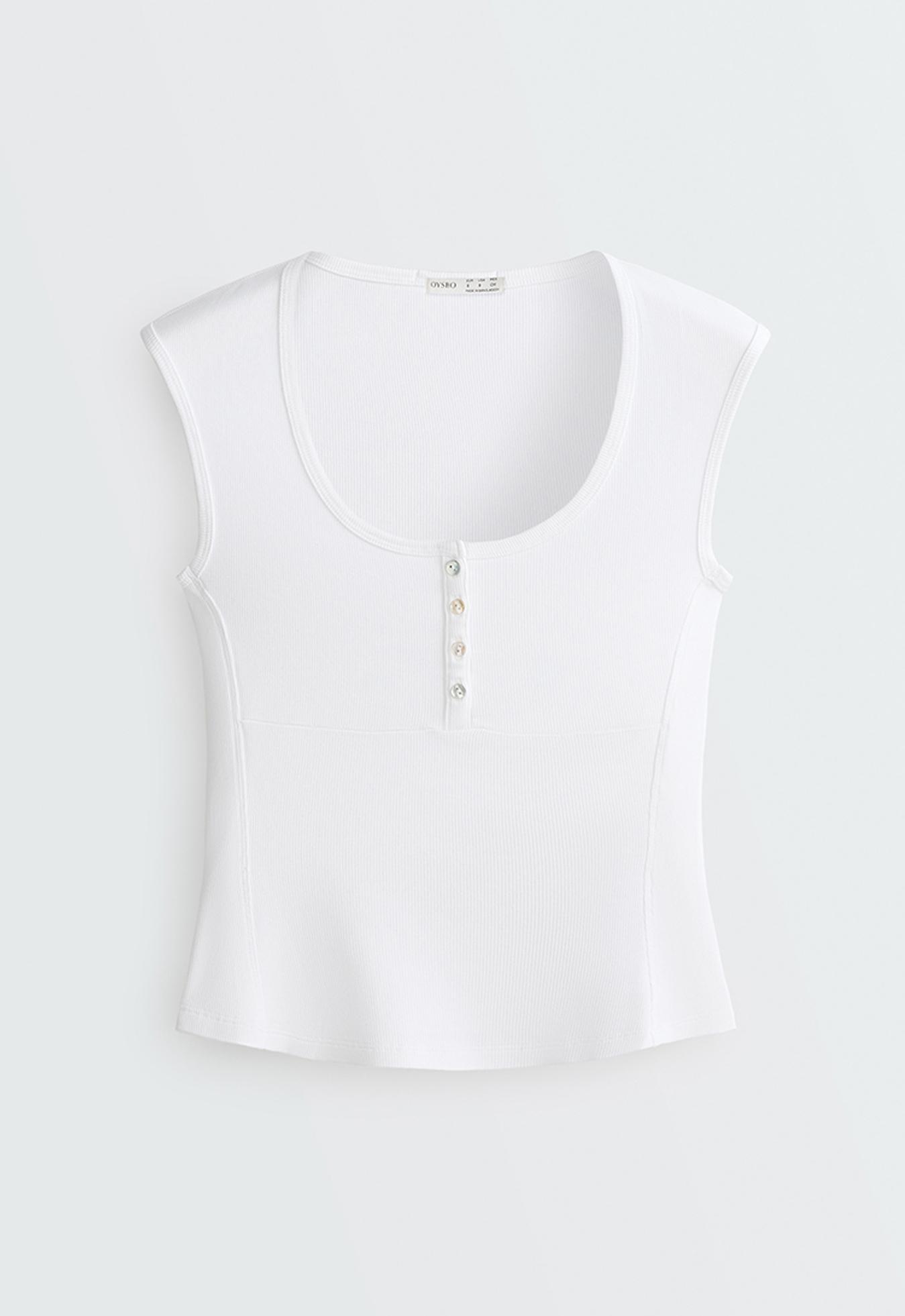 Sleeveless rib T-shirt with cotton and modal buttons — WHITE