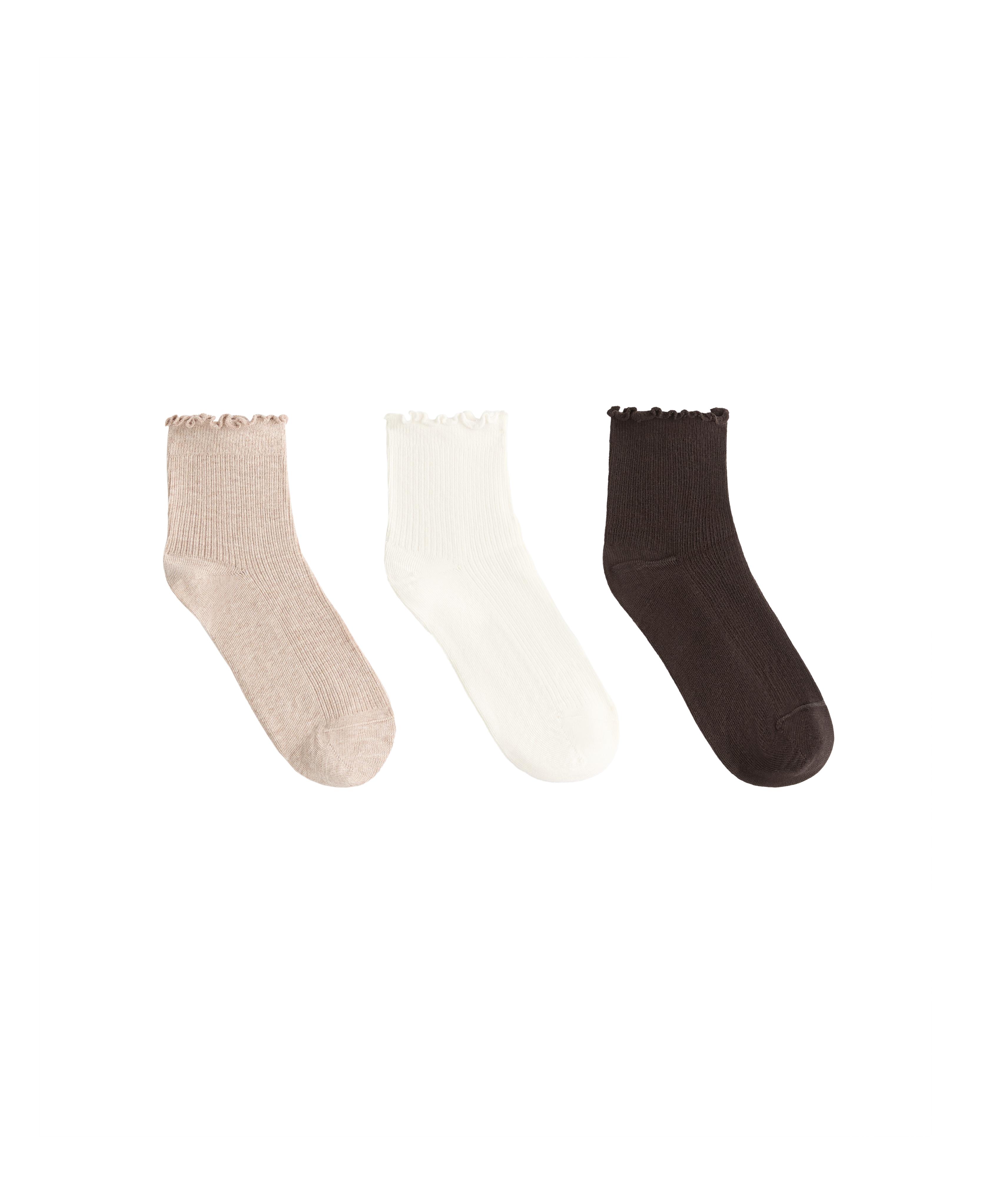 3 pairs of cotton blend quarter socks with curled edge — CHOCOLATE