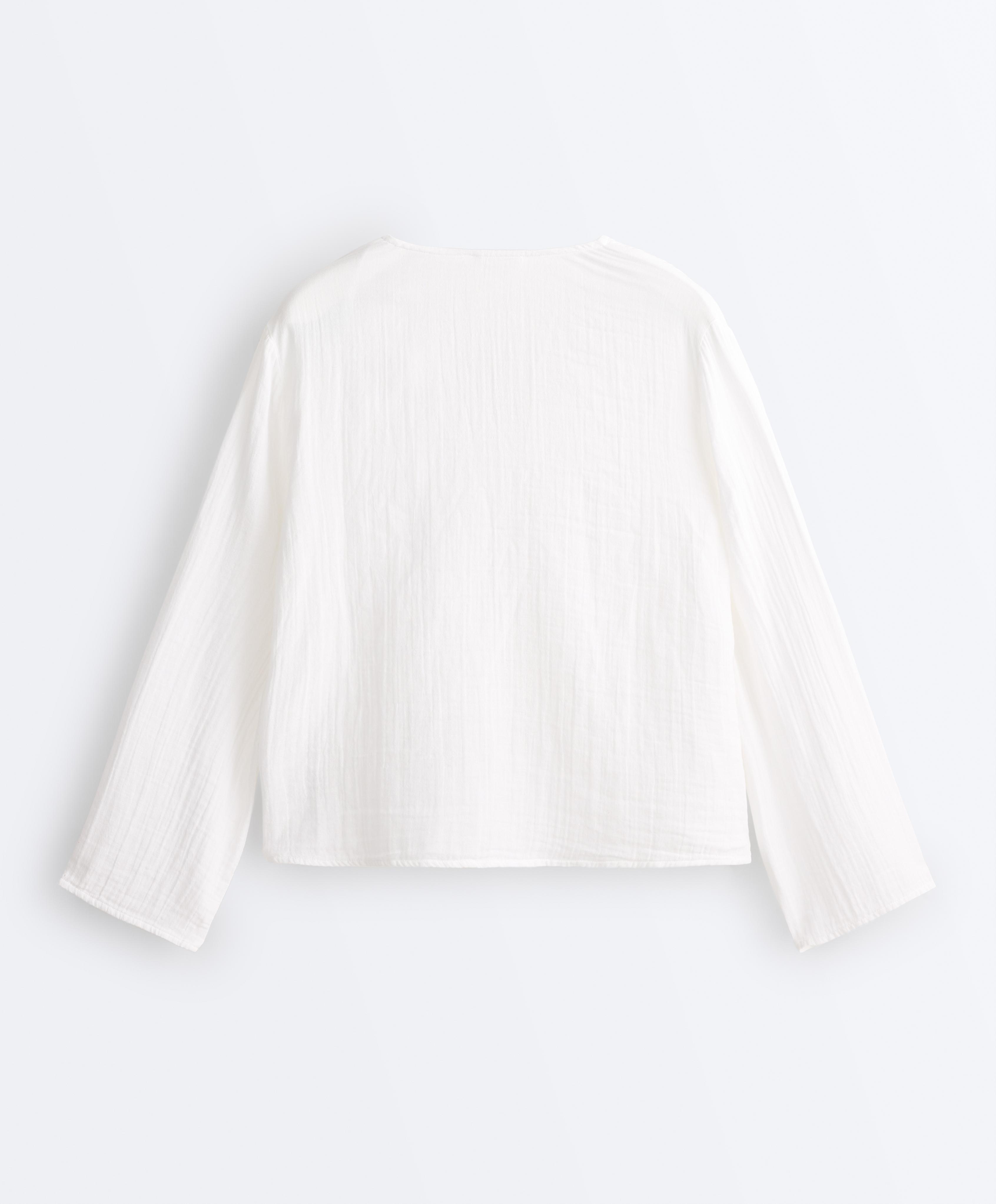 100% cotton gauze long-sleeved tie-front shirt — WHITE