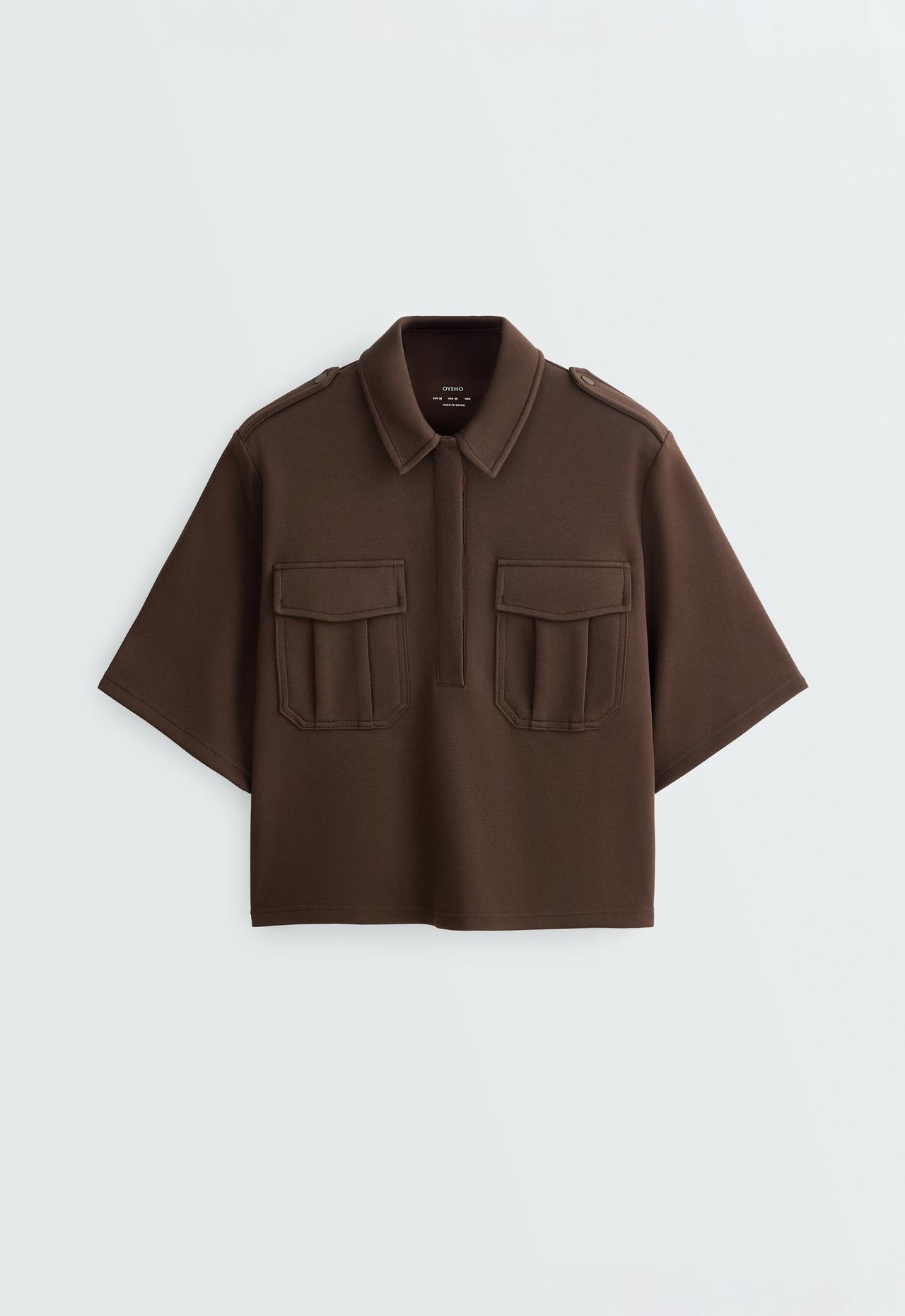 Utility short-sleeve sweatshirt with cotton piqué — DARK BROWN