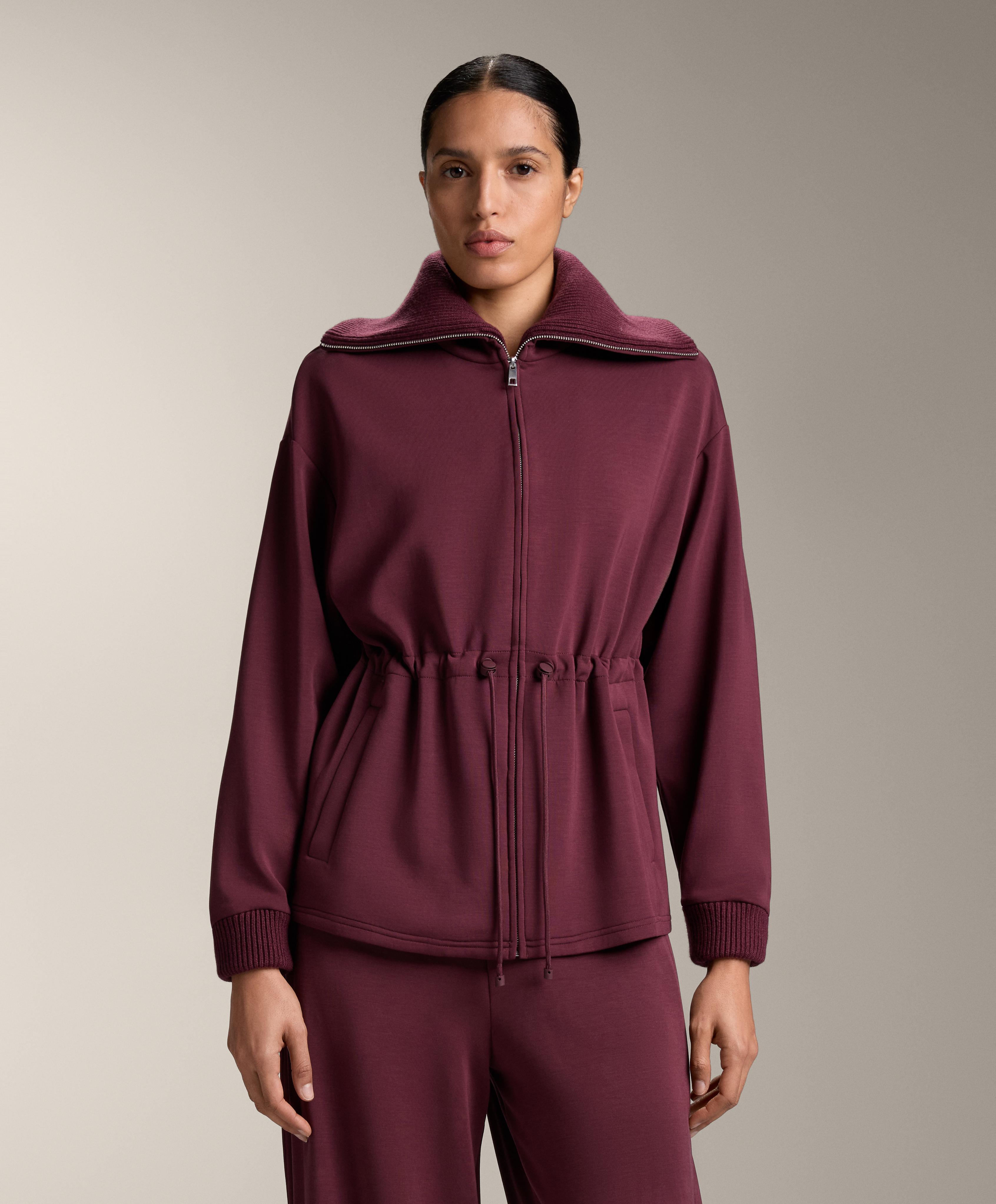 Adjustable waist knit collar jacket with brushed modal — MAROON