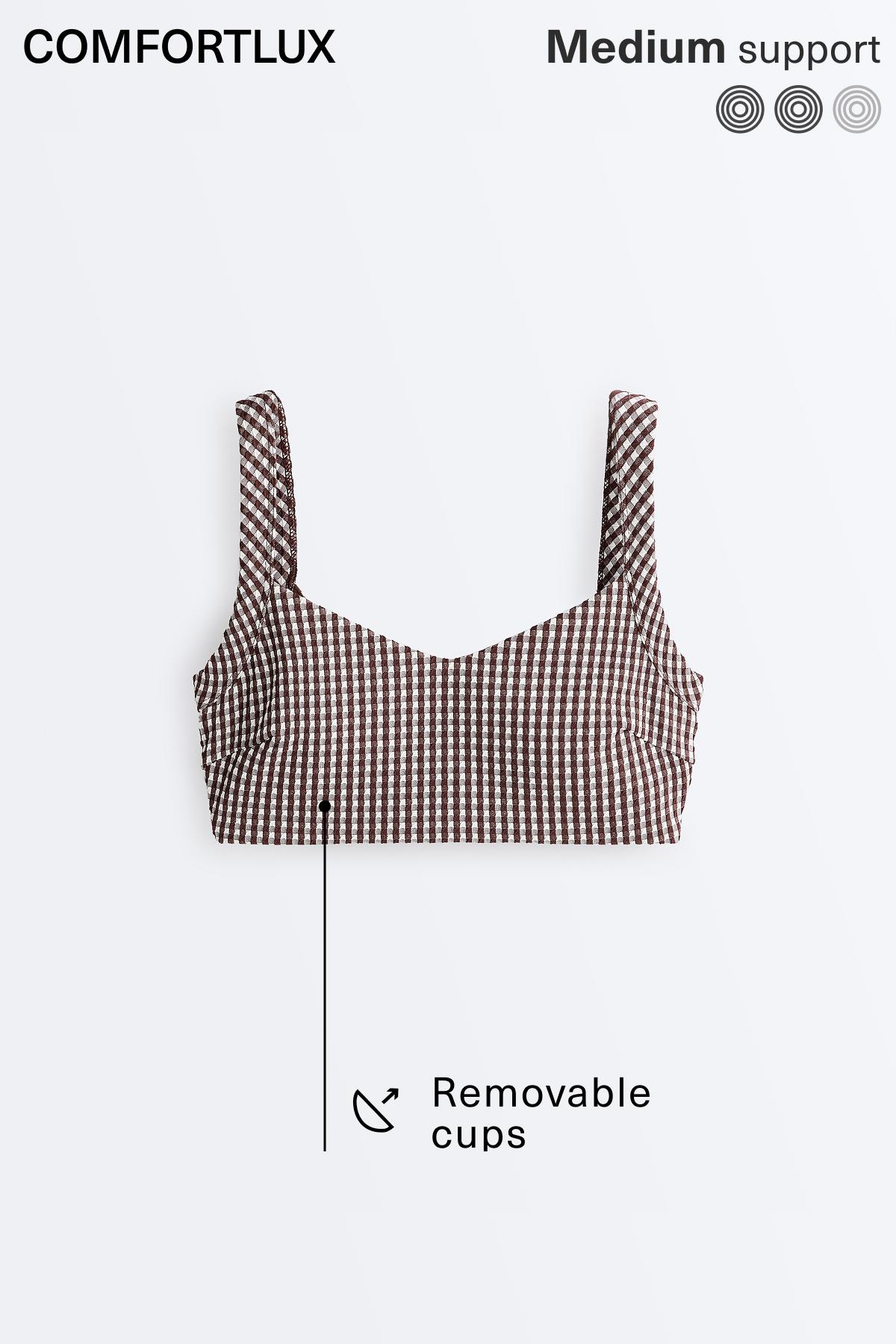 Medium-support gingham sports bra — DARK REDDISH‑BROWN