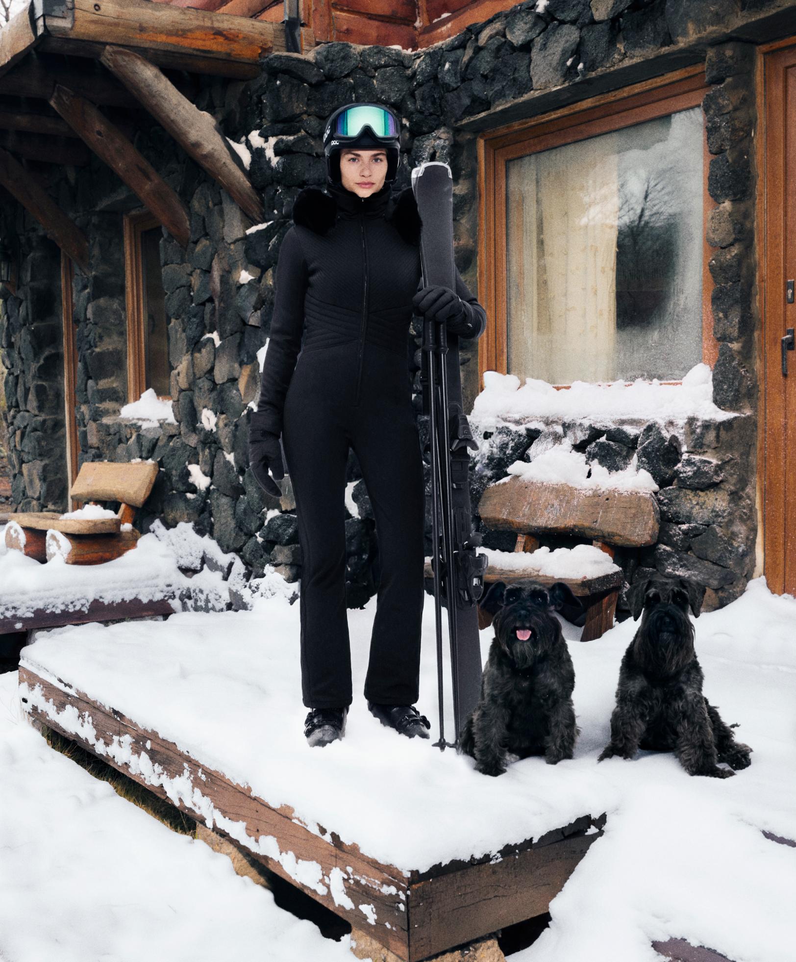 Water-resistant fitted stretch SKI jumpsuit — BLACK