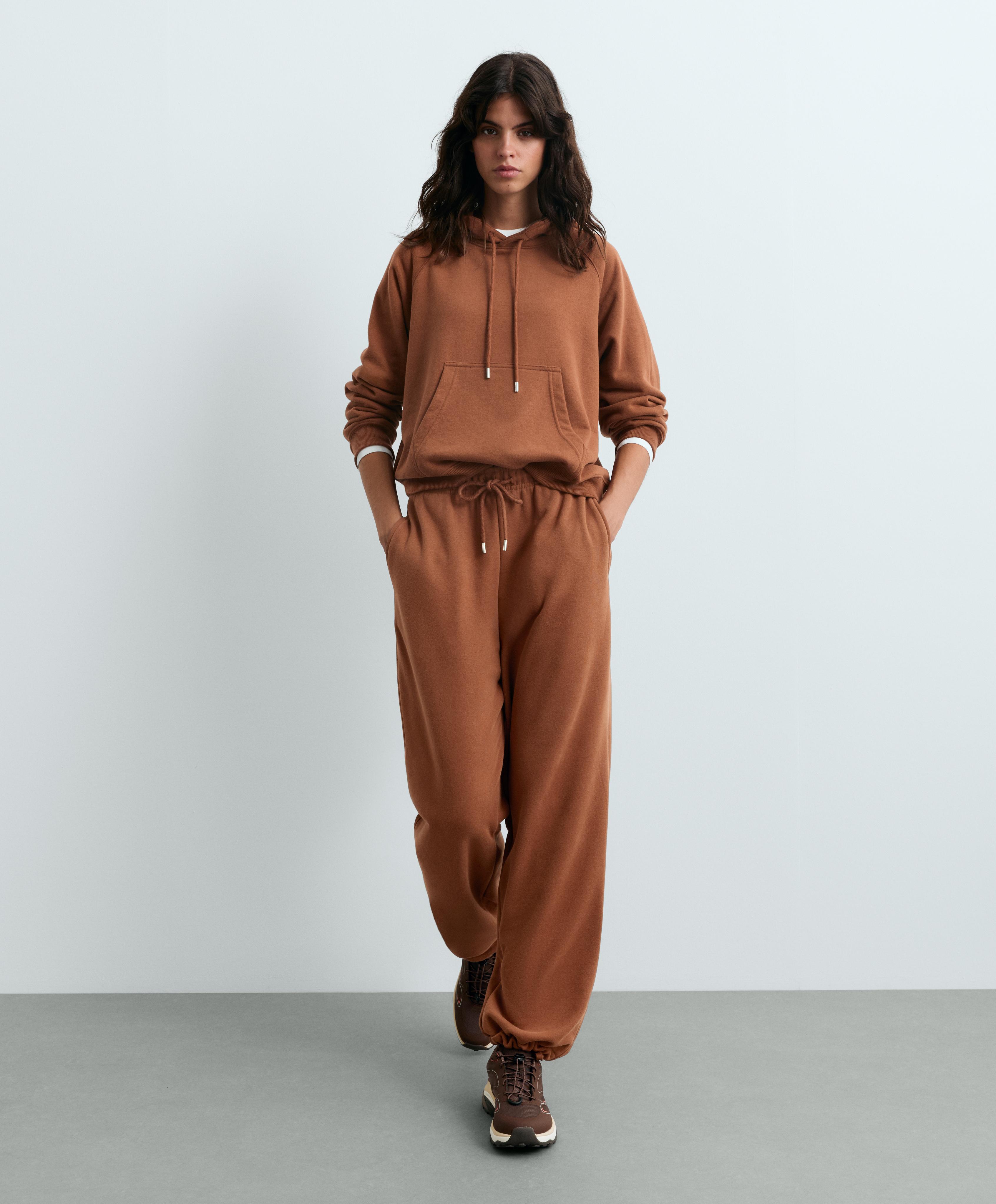 Cotton blend fleece straight-leg trousers — DARK CAMEL
