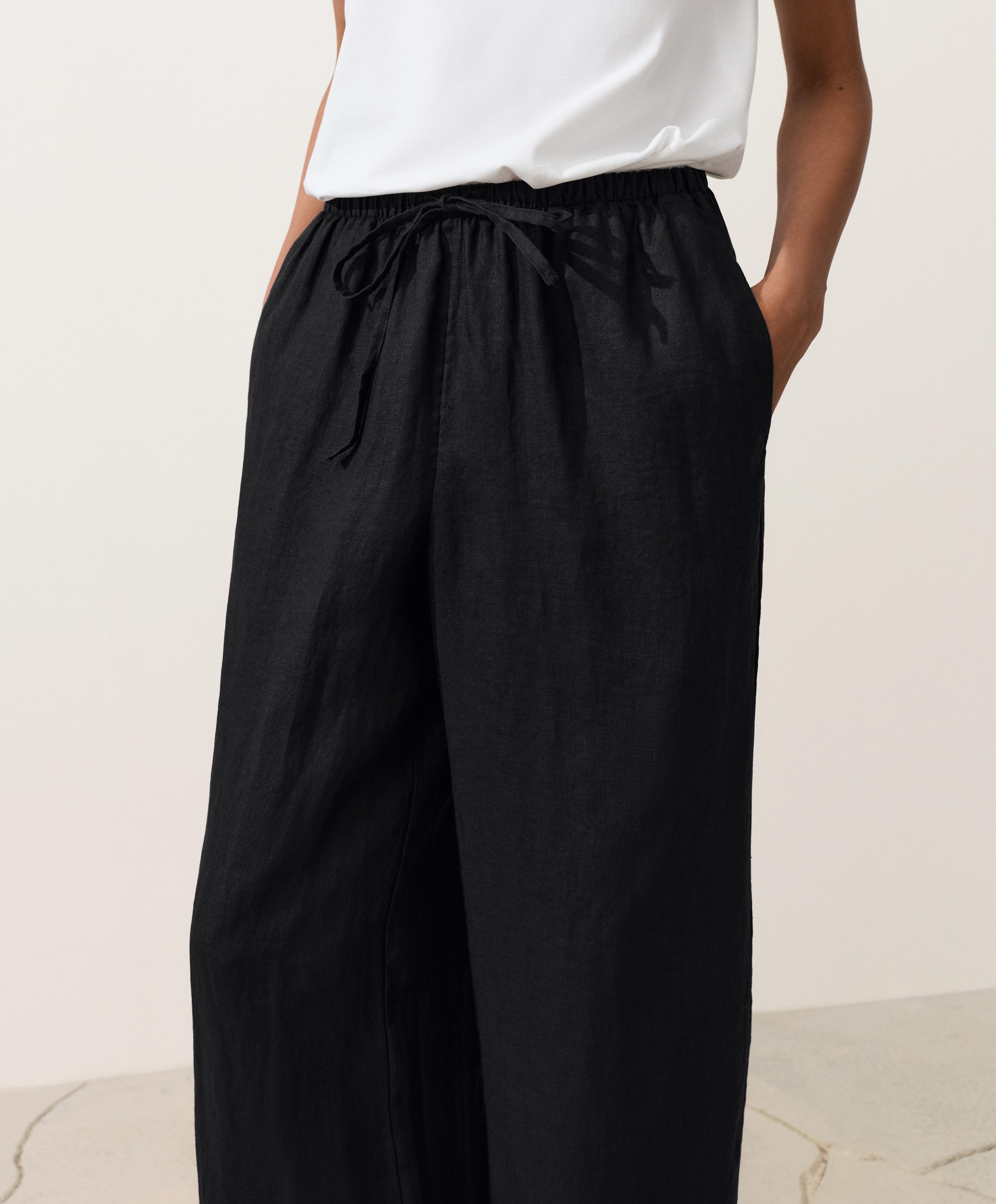 100% linen straight-leg trousers — BLACK