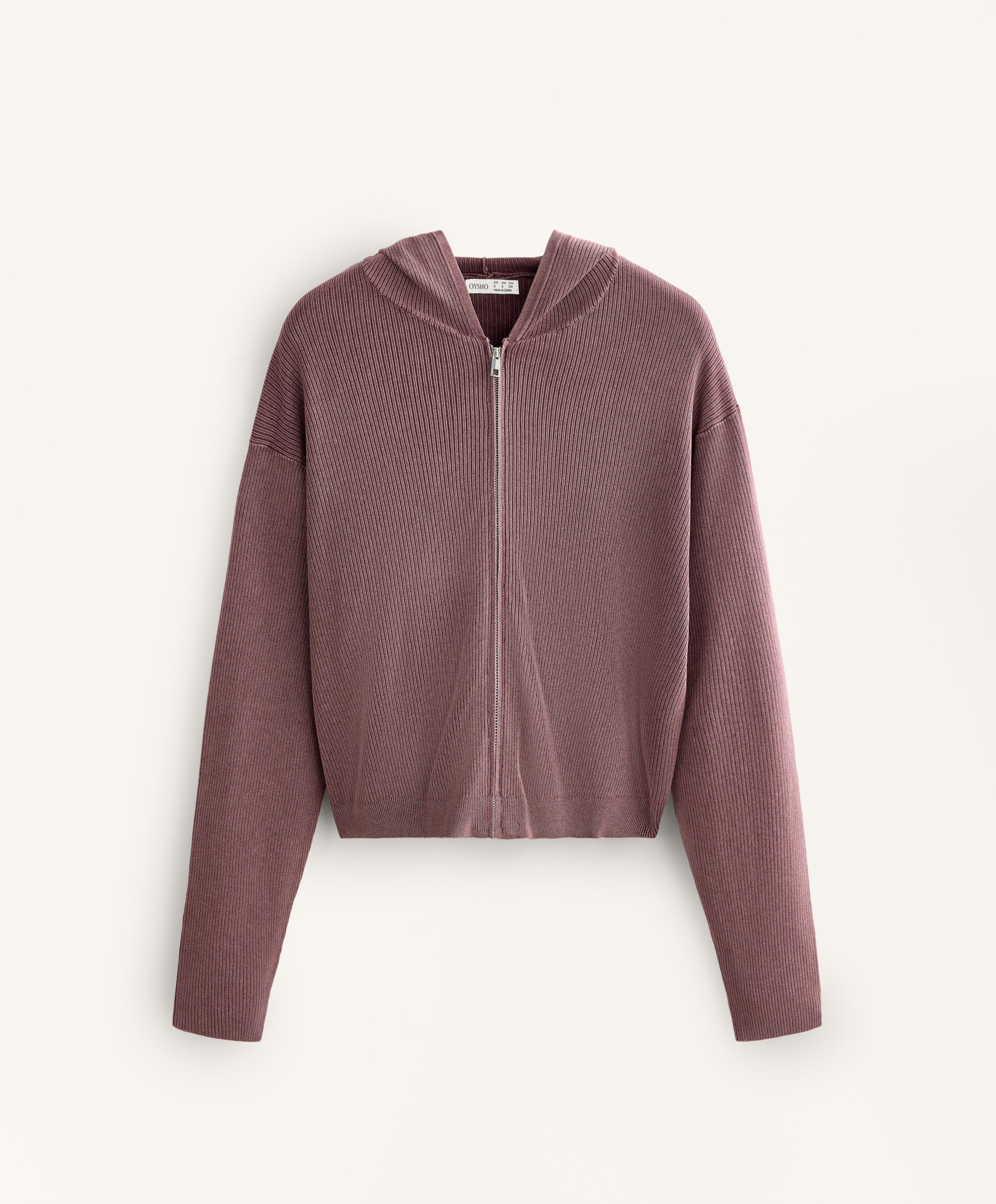 Hooded rib-knit jacket — PINK-MAUVE