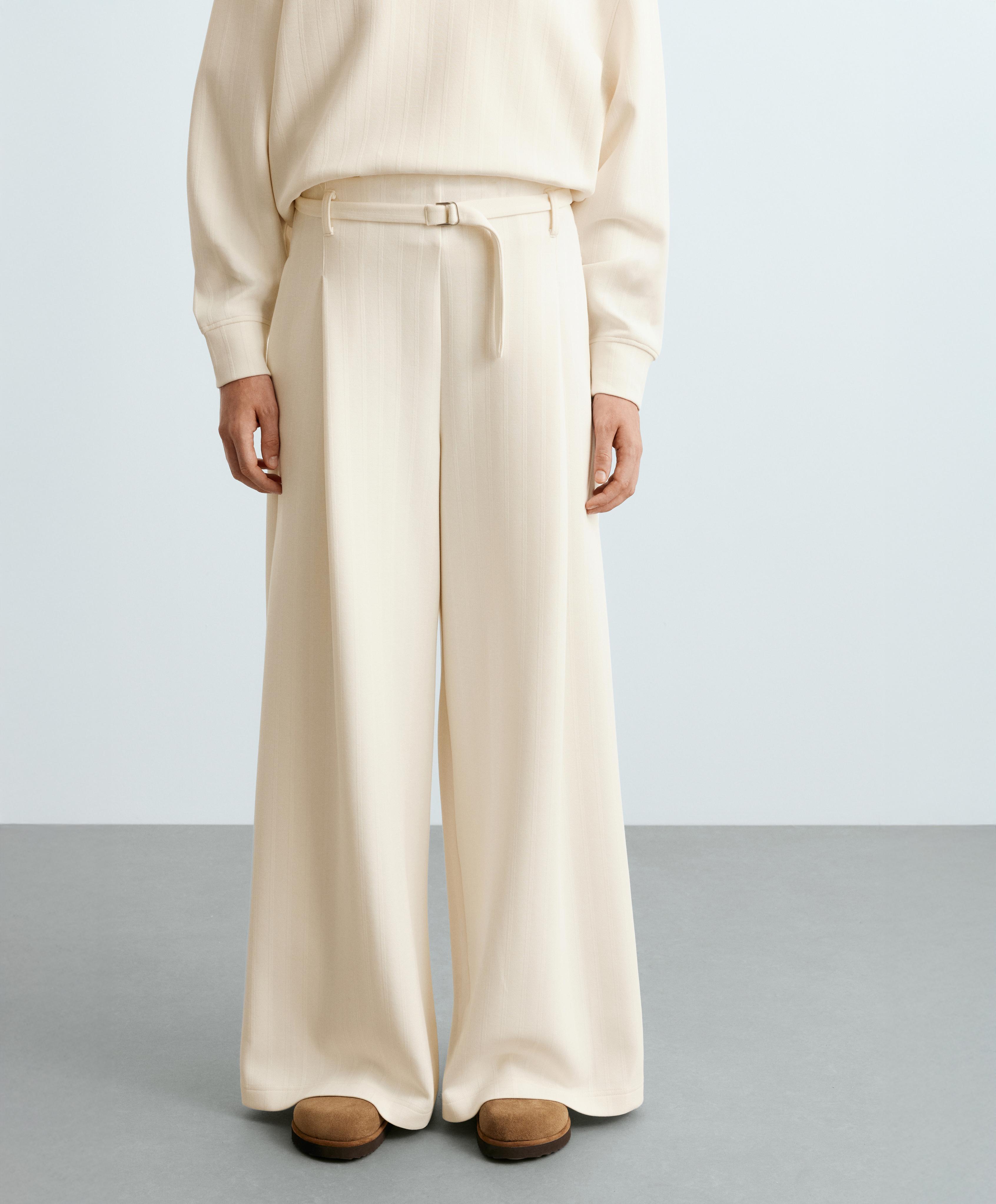 Striped cotton piqué wide-leg trousers — PALE ECRU