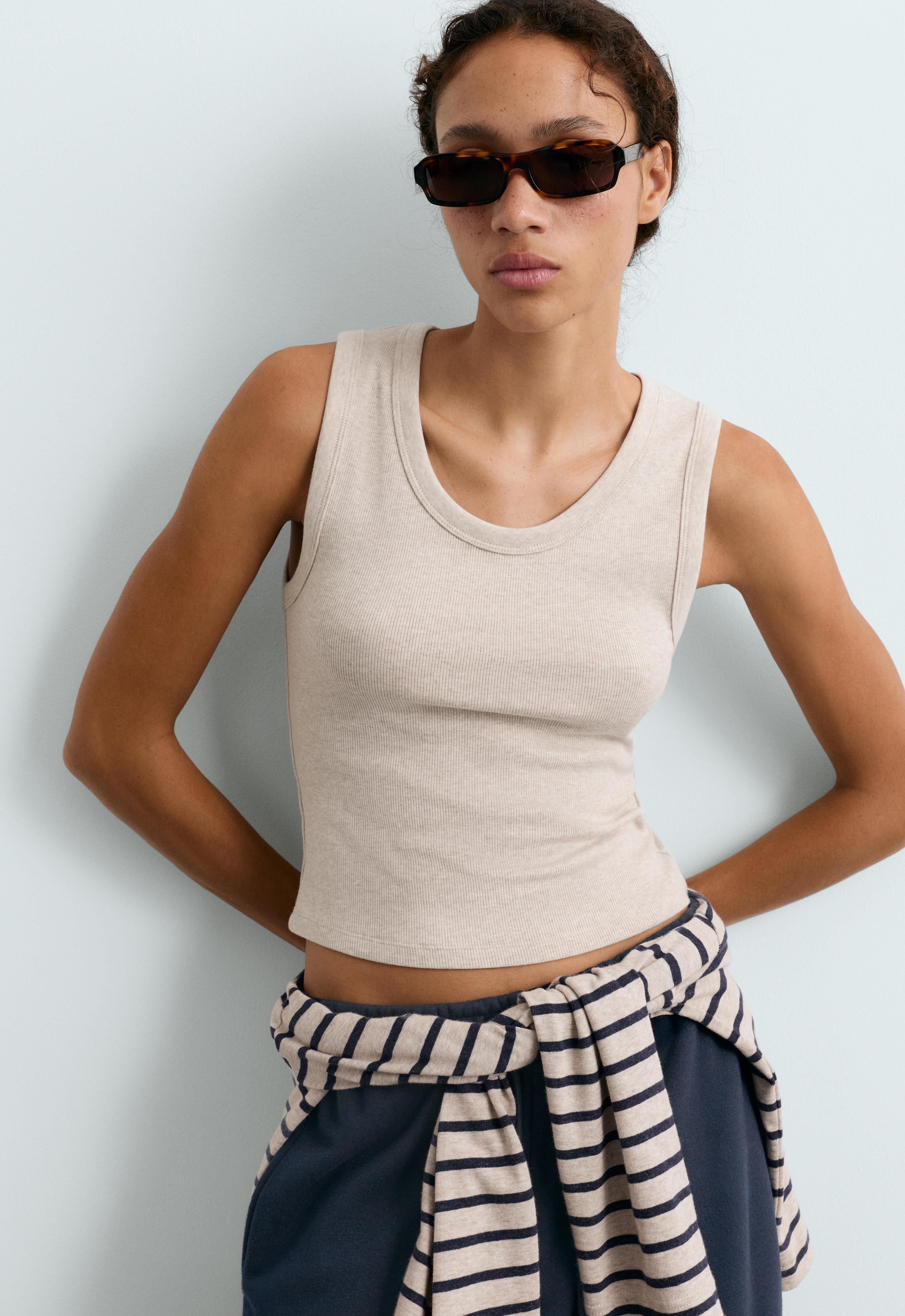 Rib T-shirt with wide straps, cotton and modal — SAND MELANGE