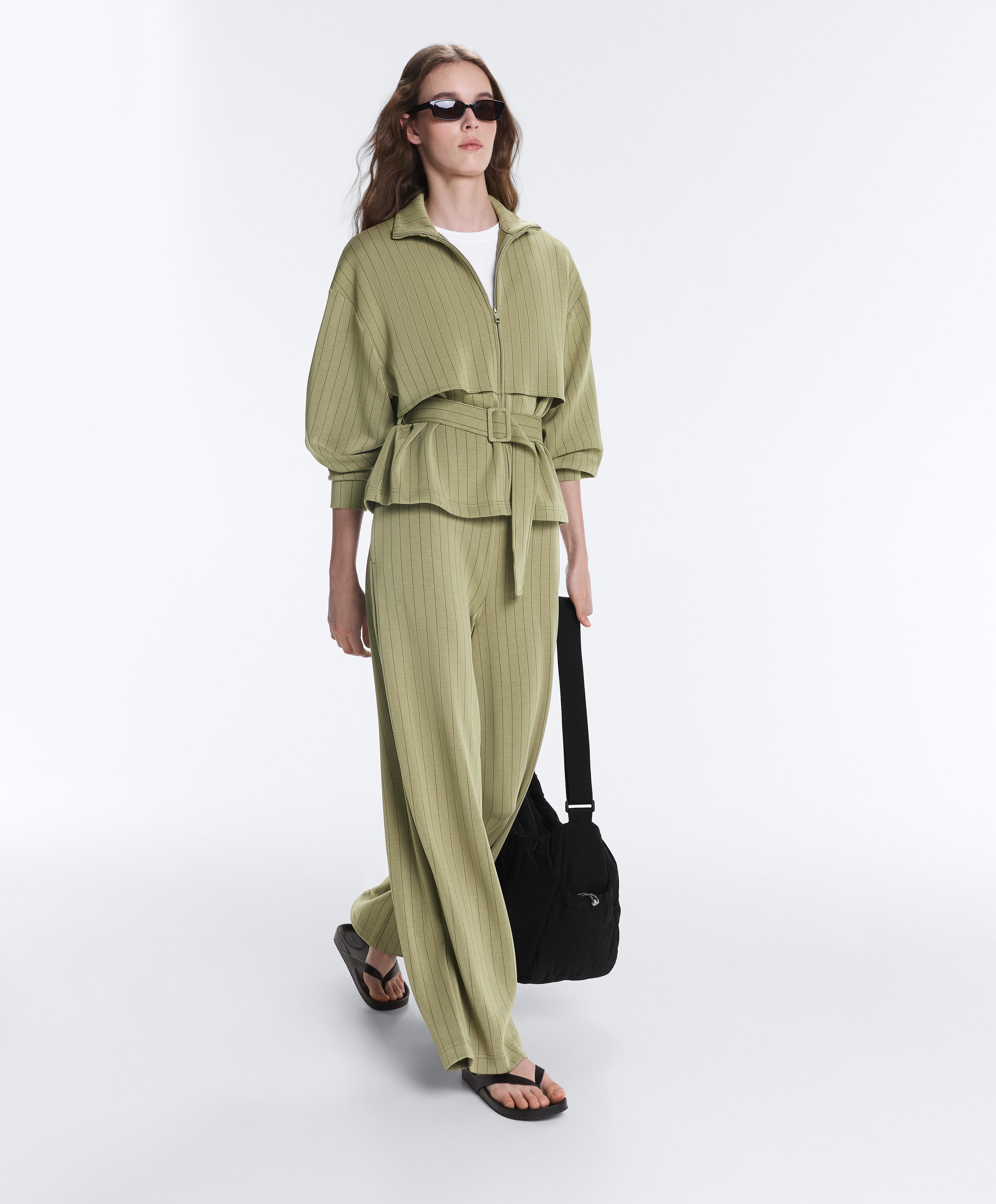 Boxy cape jacket with soft-touch modal pinstripe — YELLOW GREEN