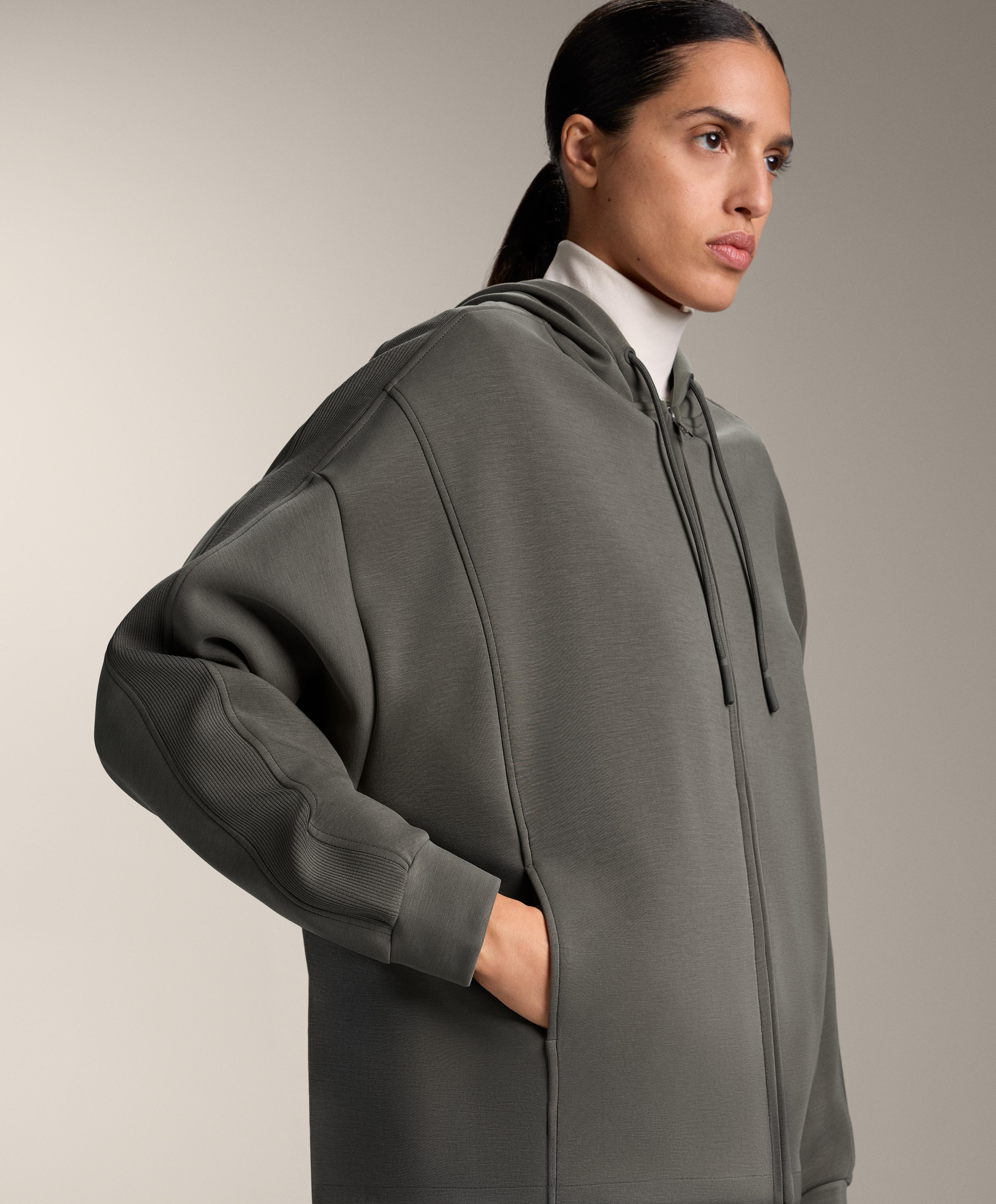 Long hooded jacket with rib details and brushed modal Long hooded jacket with rib details and brushed modal
