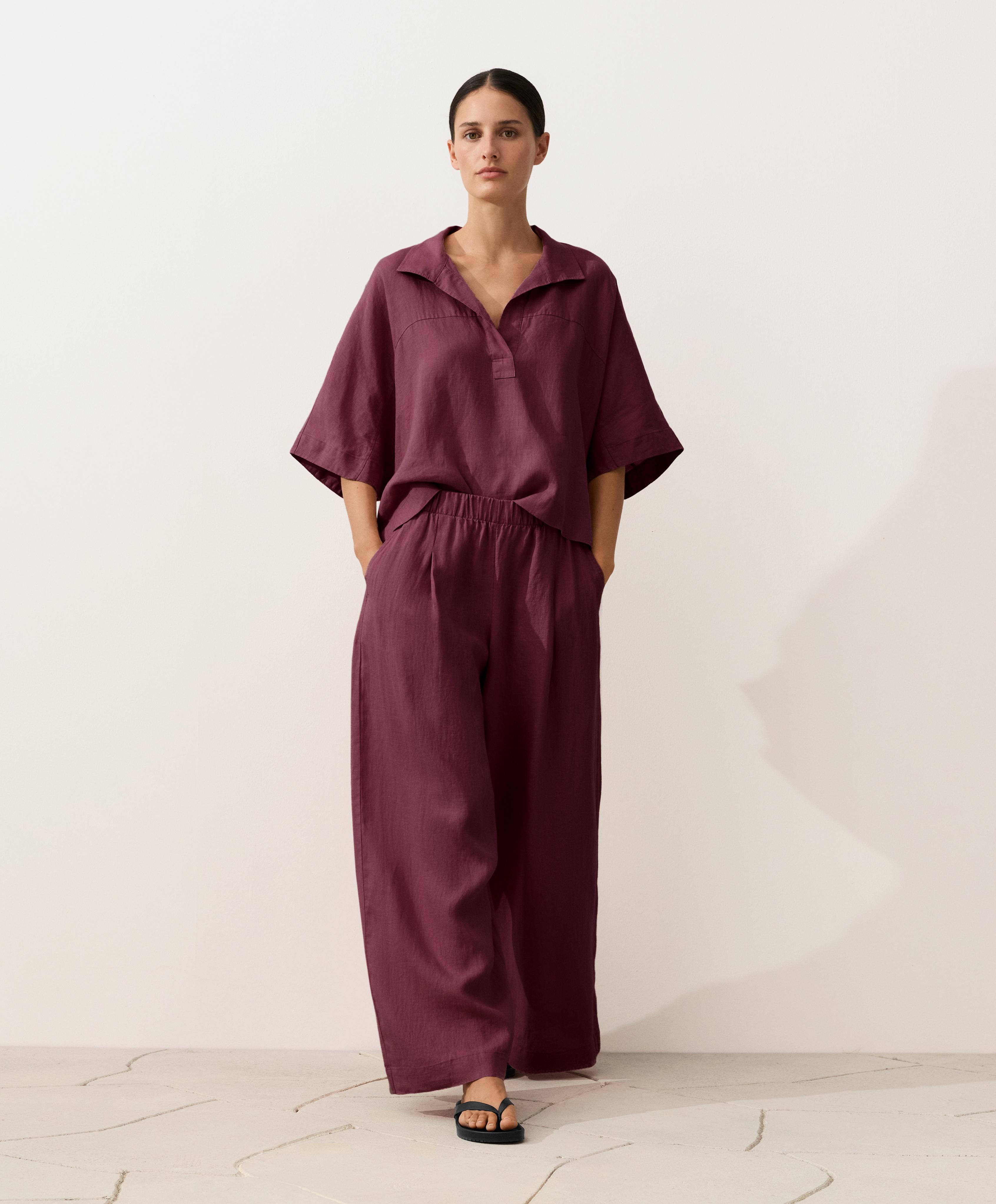 Oversize 100% linen polo shirt — CHERRY