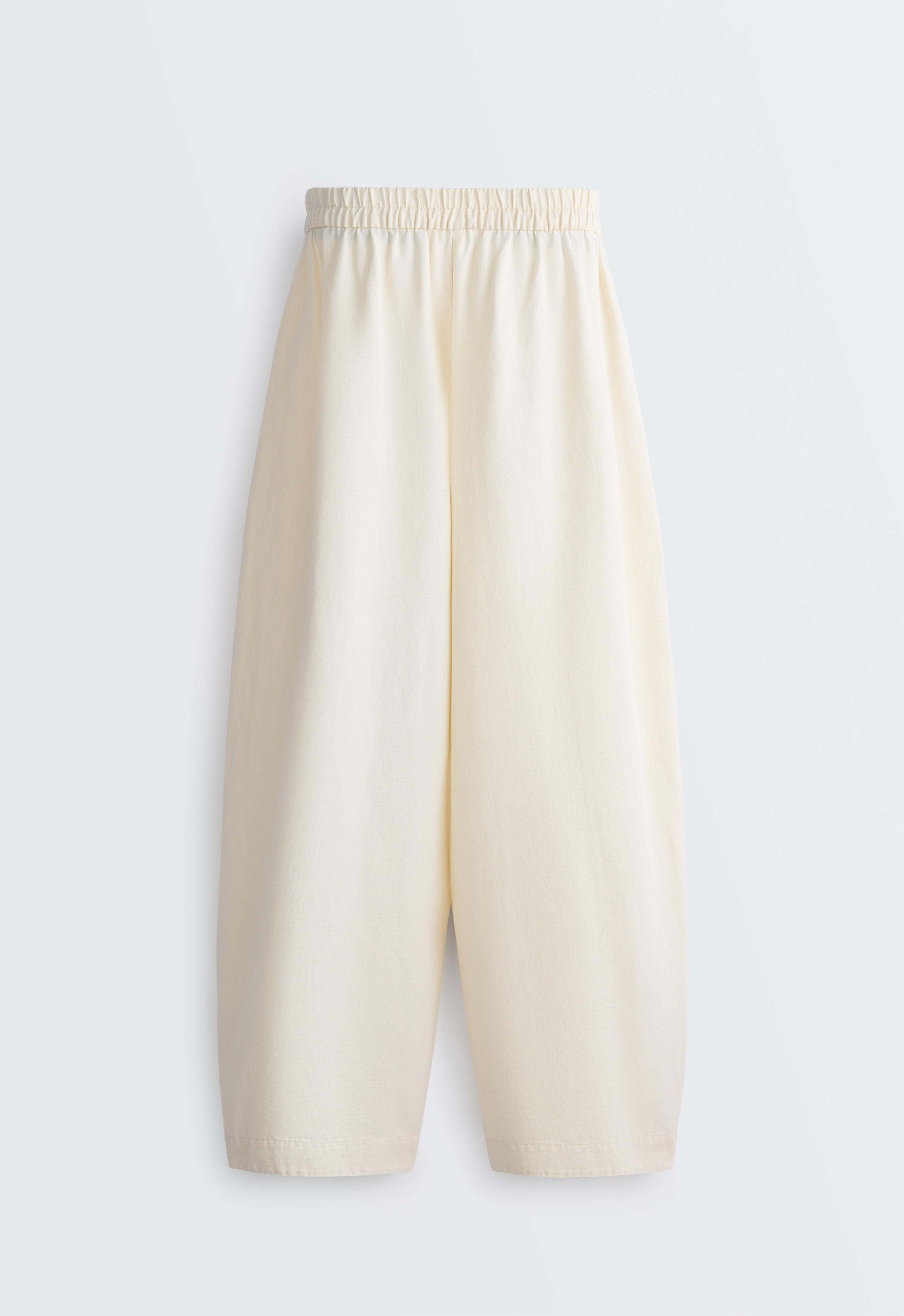Cotton and 20% linen blend balloon trousers — ECRU