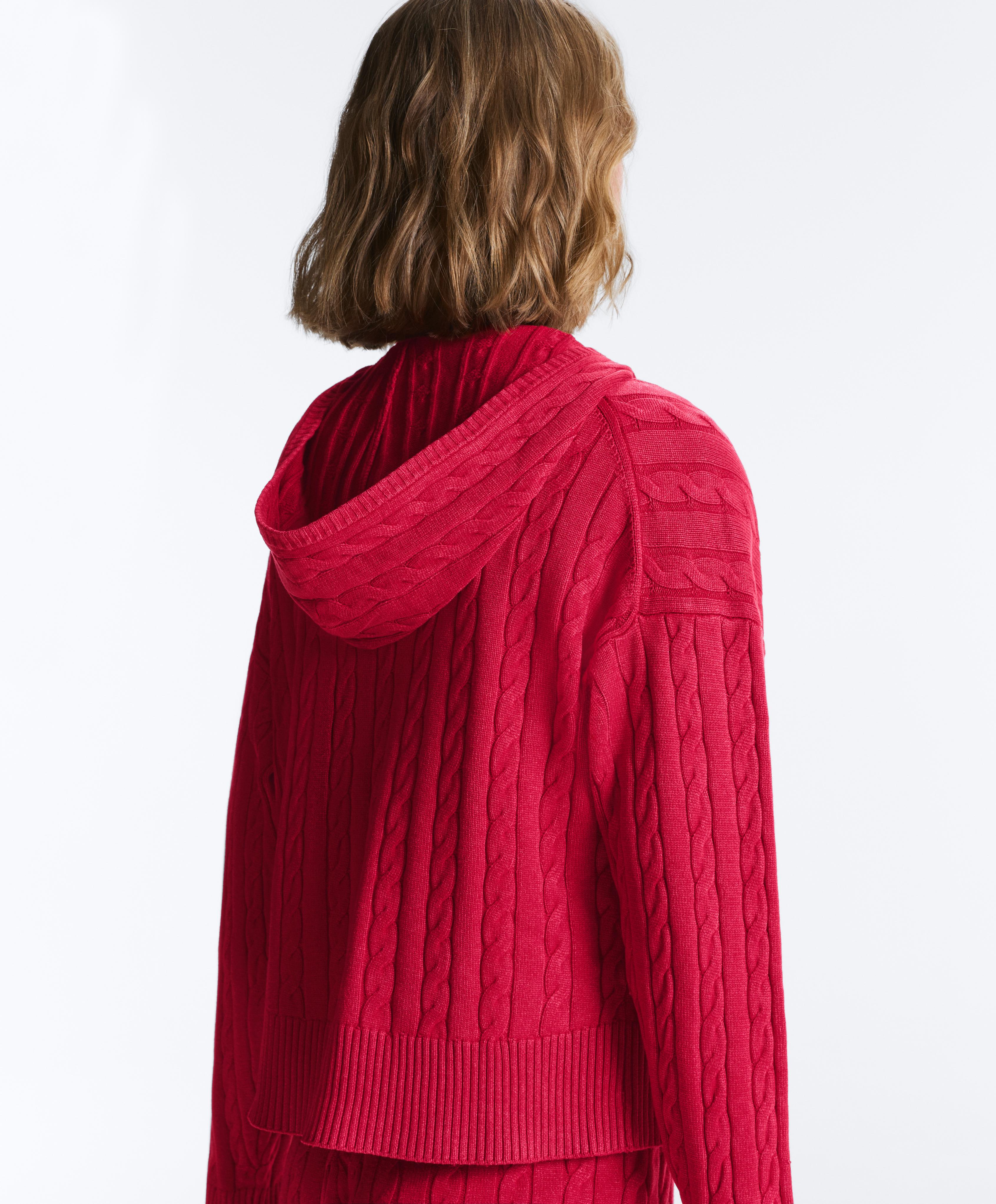 Washed cable knit hooded jacket — RED