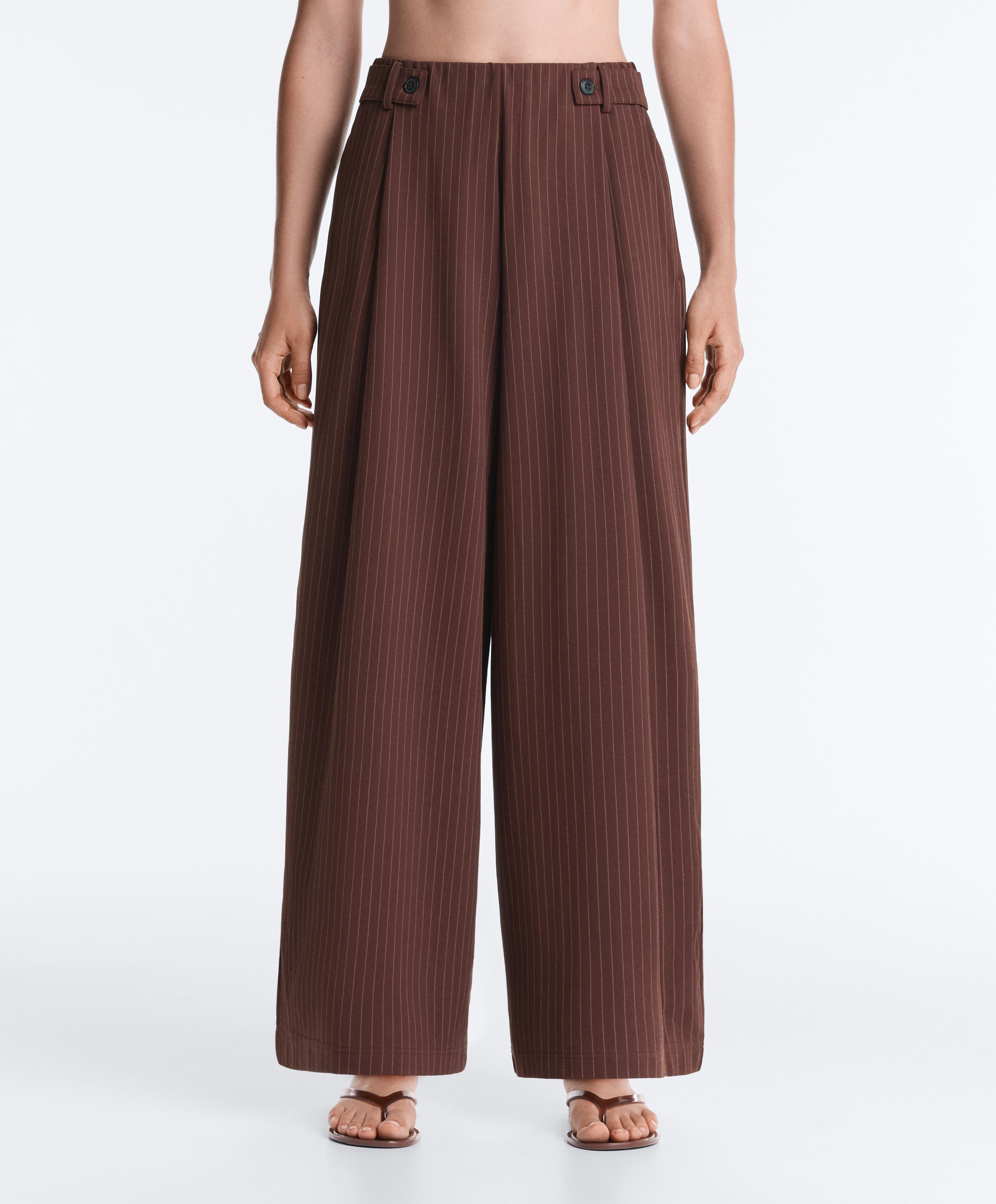 Wide-leg piqué pinstripe cotton trousers — CHOCOLATE