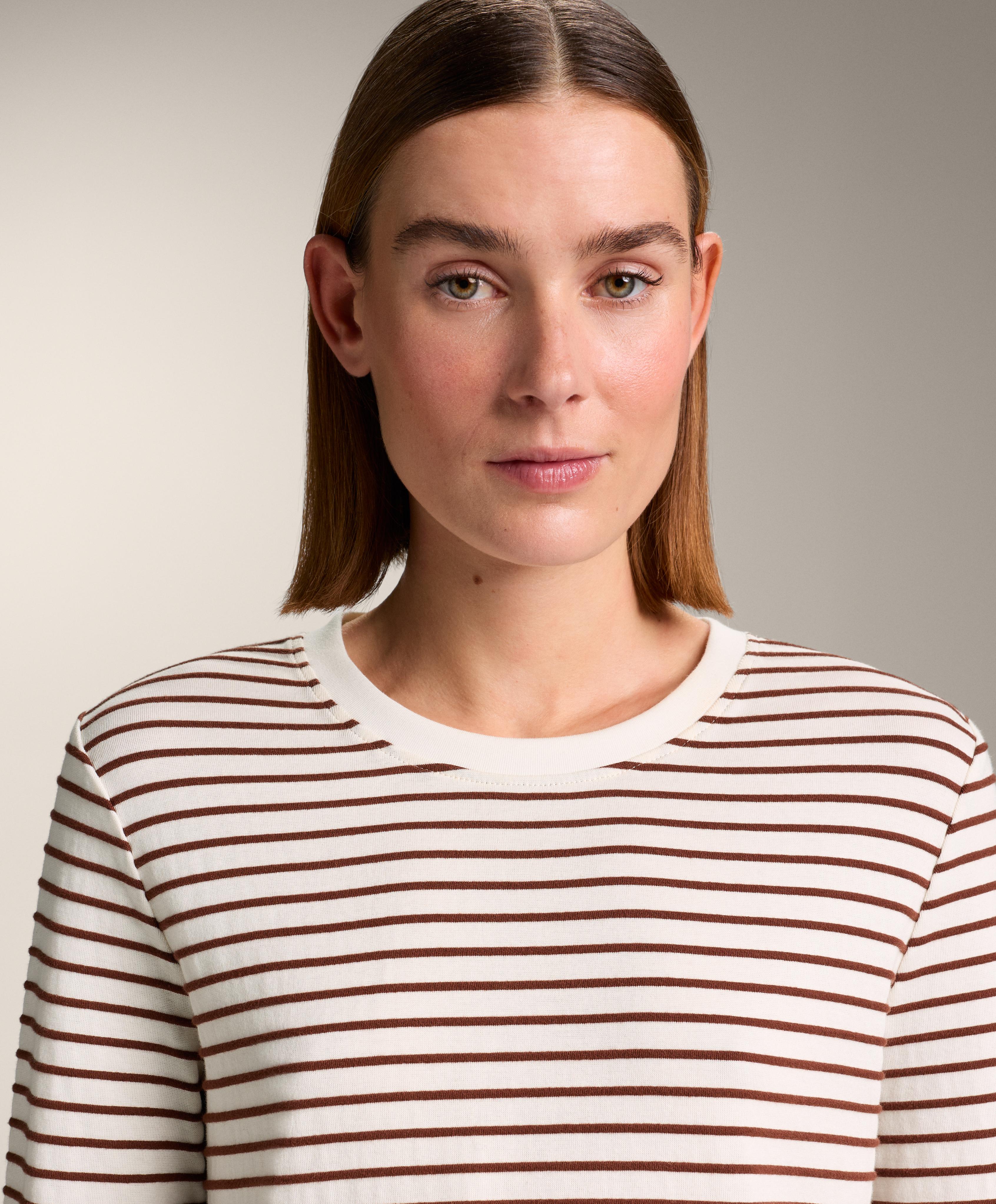 Regular fit long sleeve striped cotton blend T-shirt — BROWN