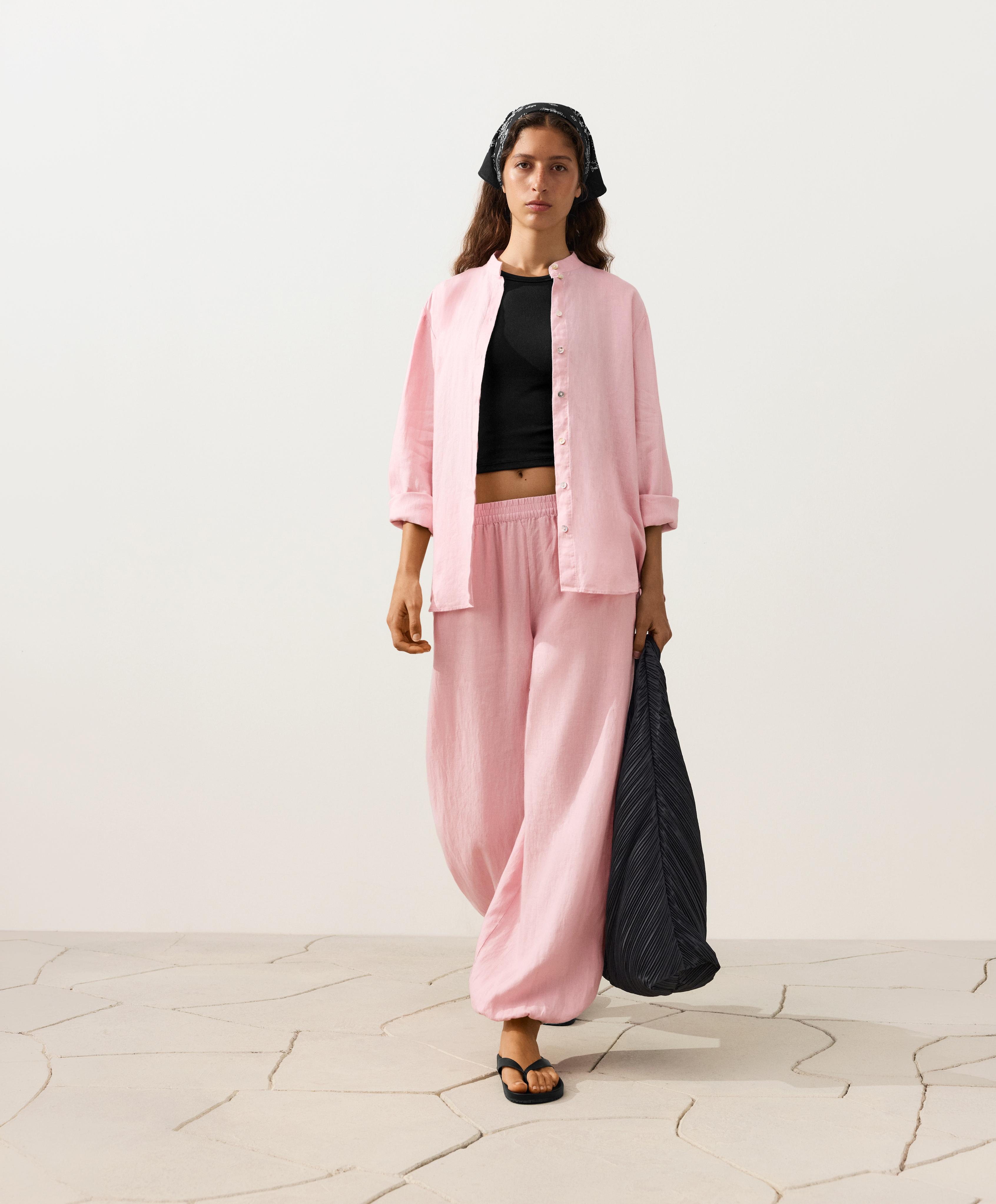 100% linen stand-up collar shirt — PALE PINK