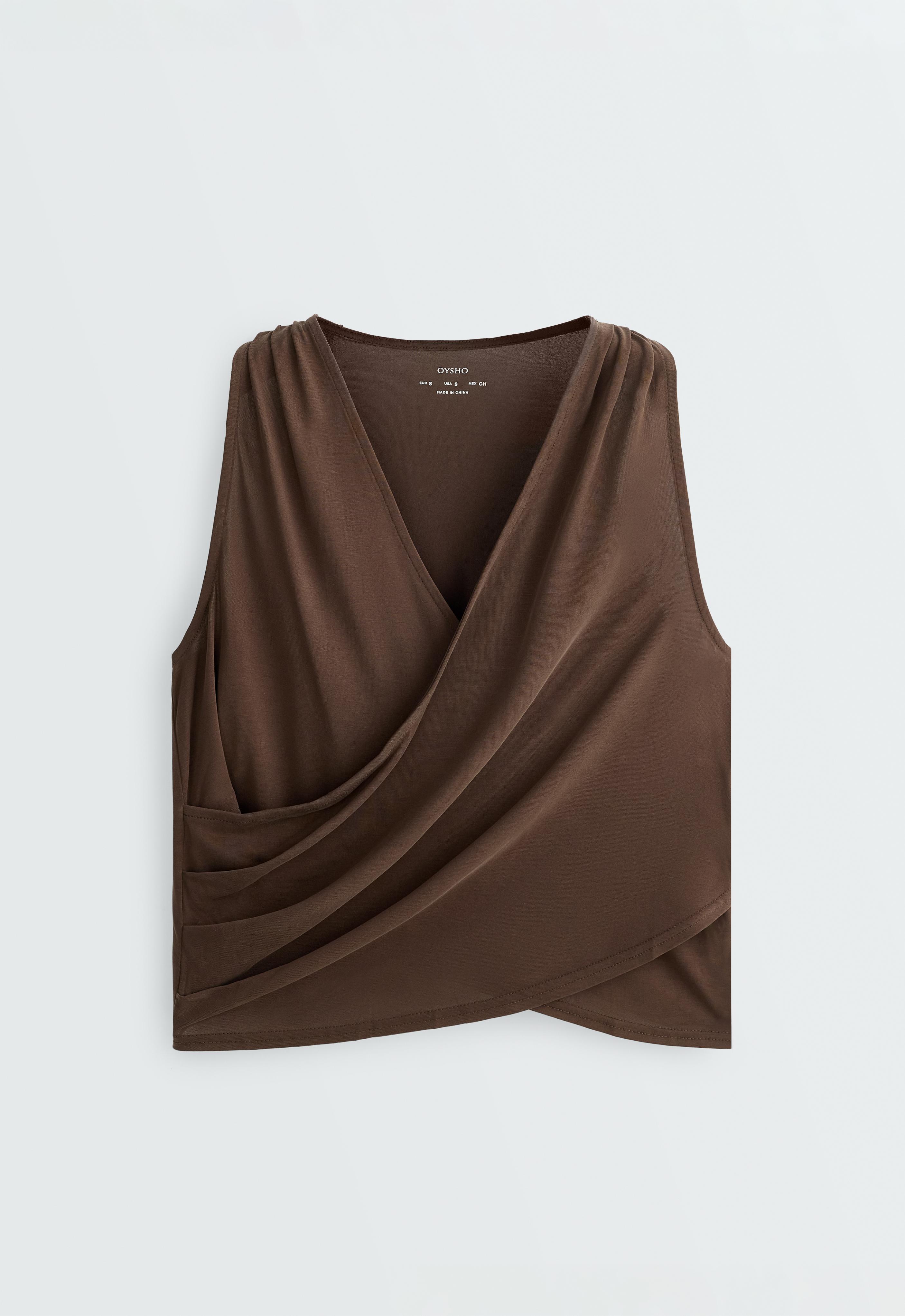 Modal blend crossover sleeveless T-shirt — DARK BROWN