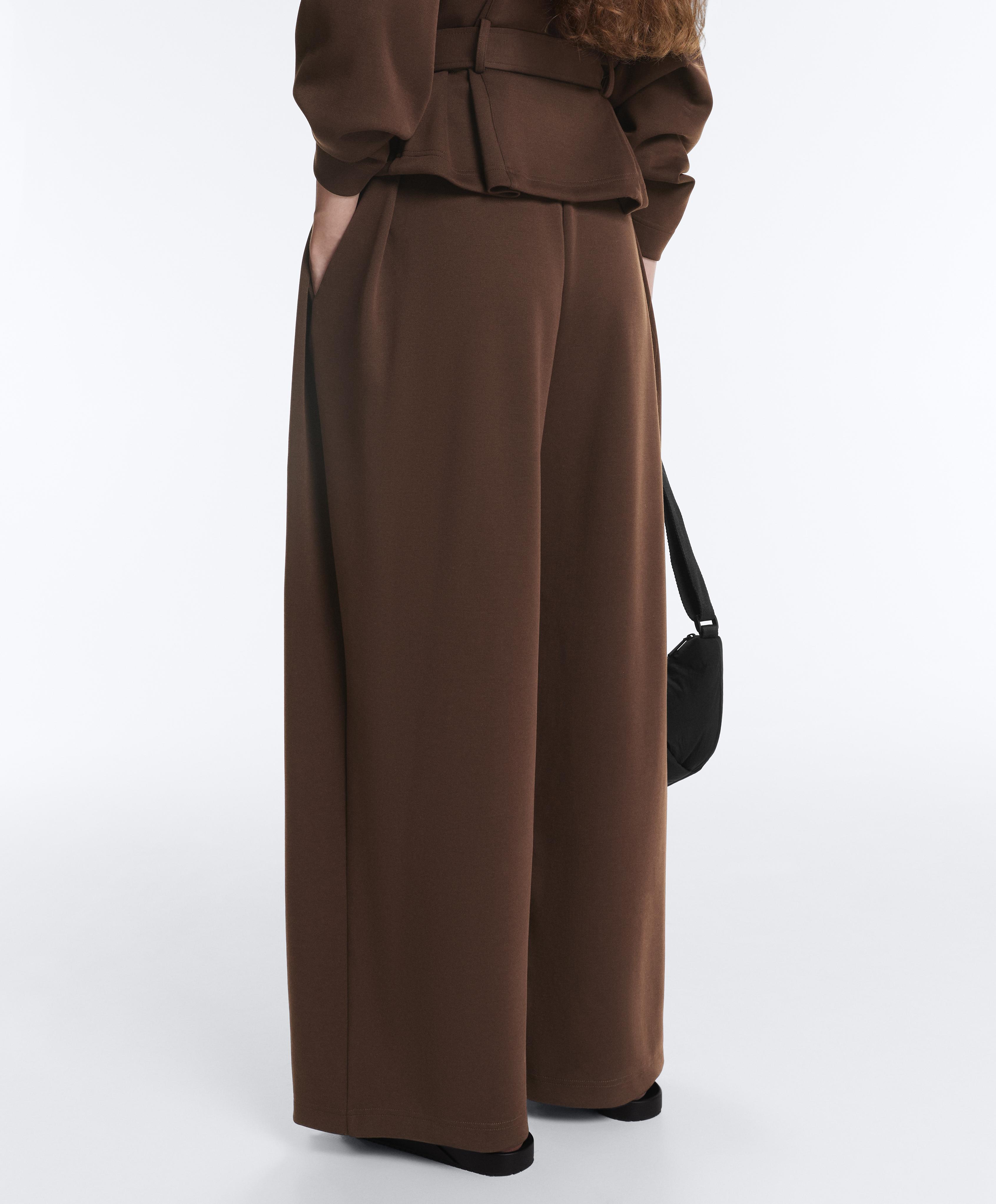 Wide-leg high rise pique trousers with buckles — DARK BROWN
