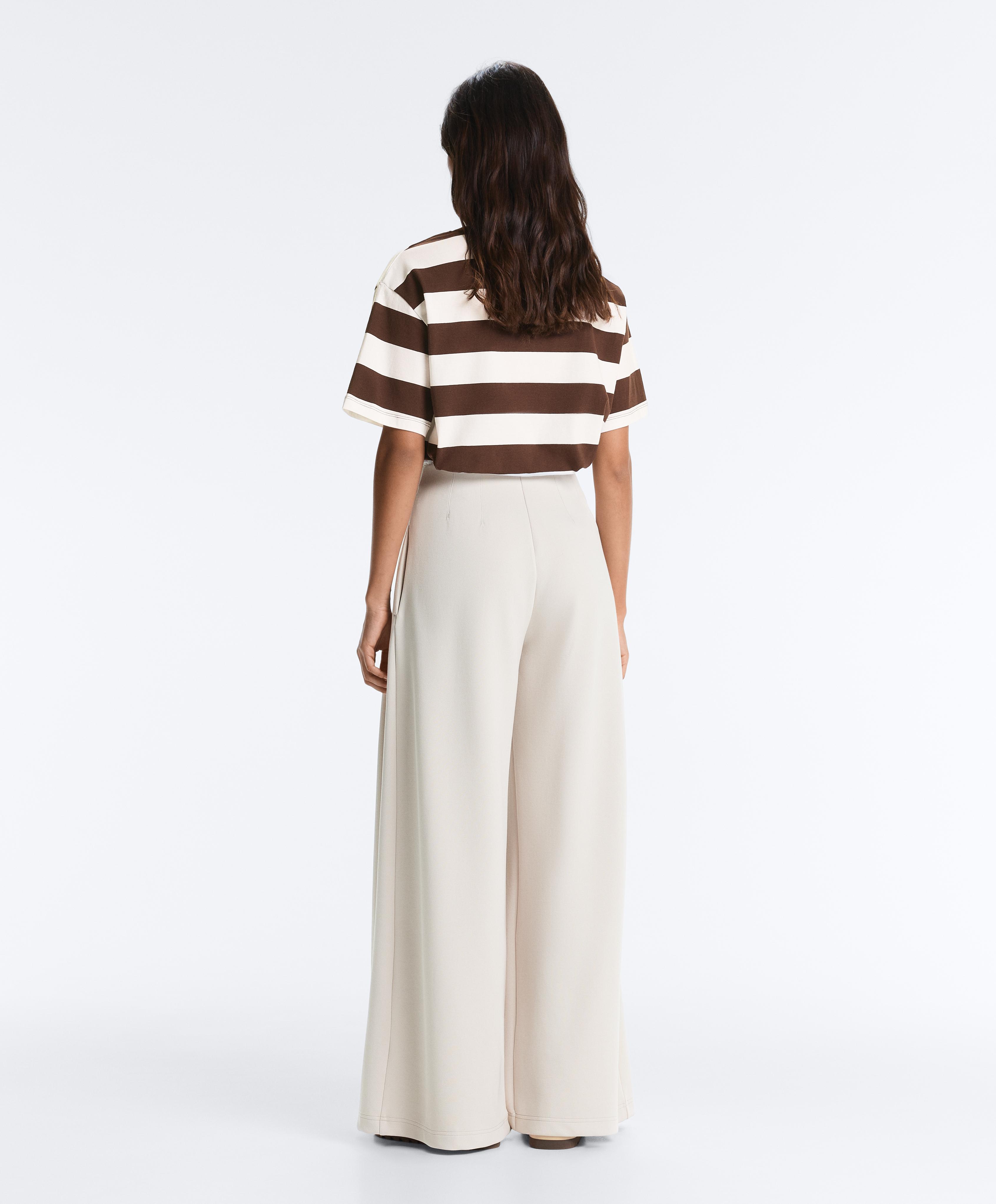 Cotton wide-leg pique trousers with pleats — PALE MINK