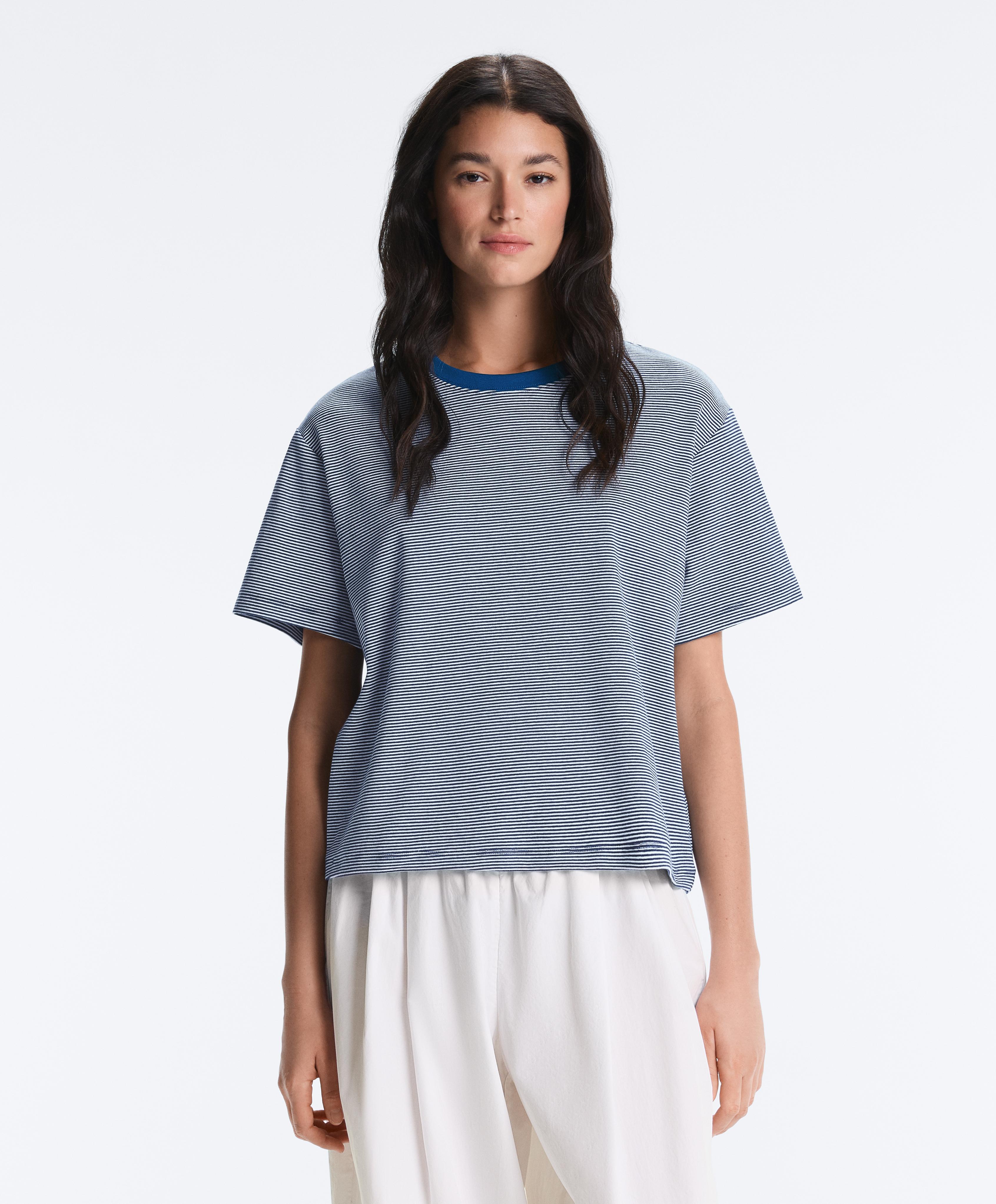 Striped boxy short sleeve cotton blend T-shirt — NAVY BLUE