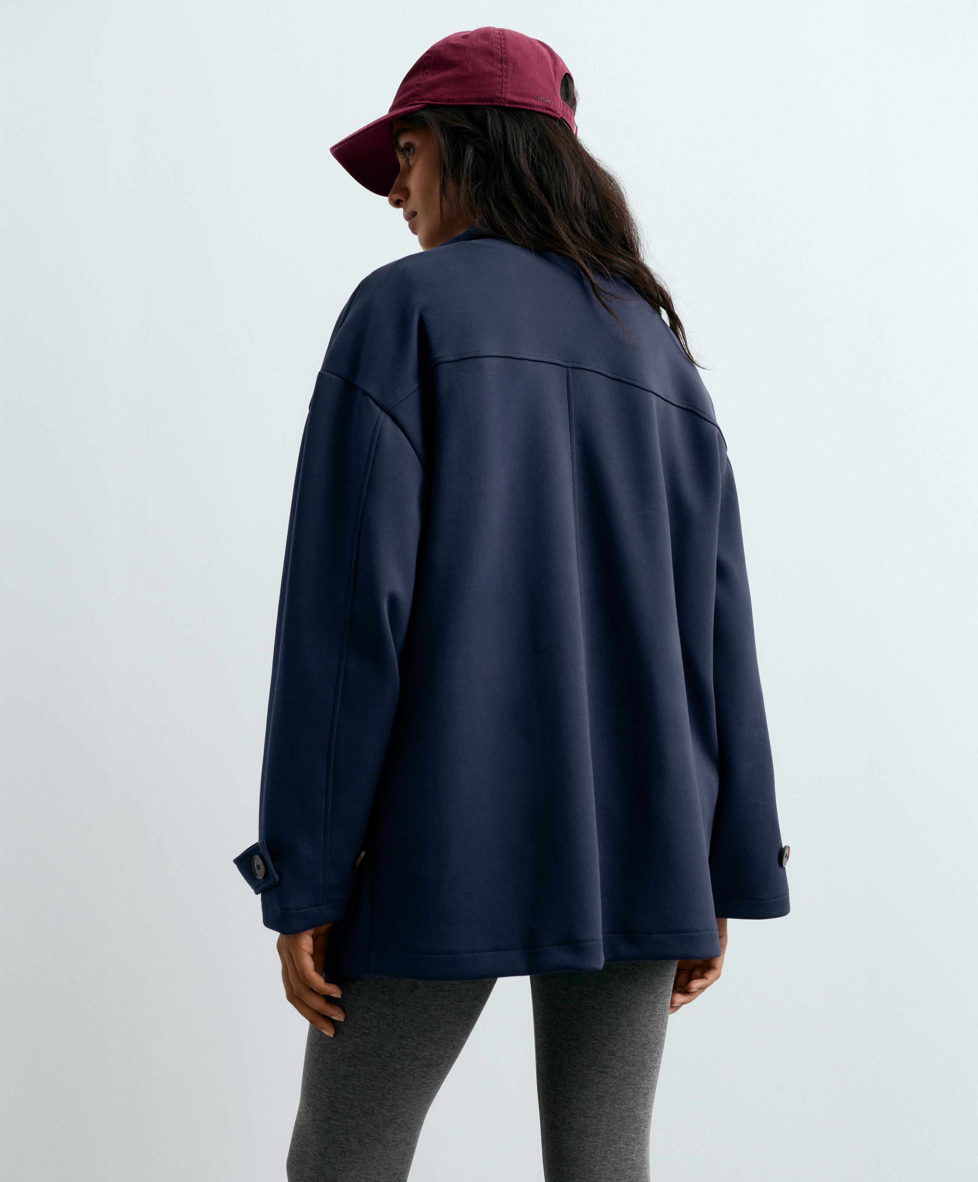 6-button long piqué cotton jacket — NAVY BLUE