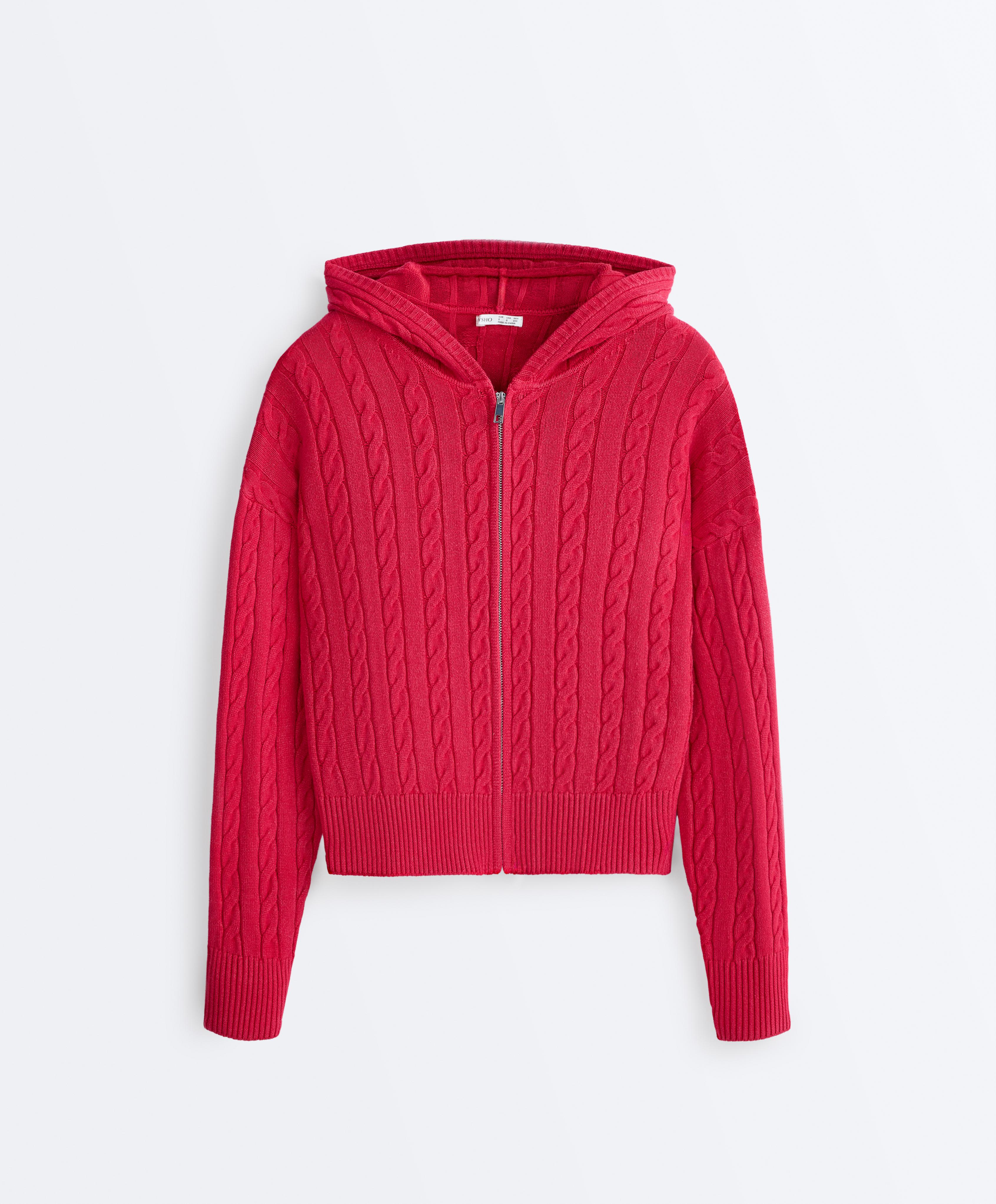 Washed cable knit hooded jacket — RED