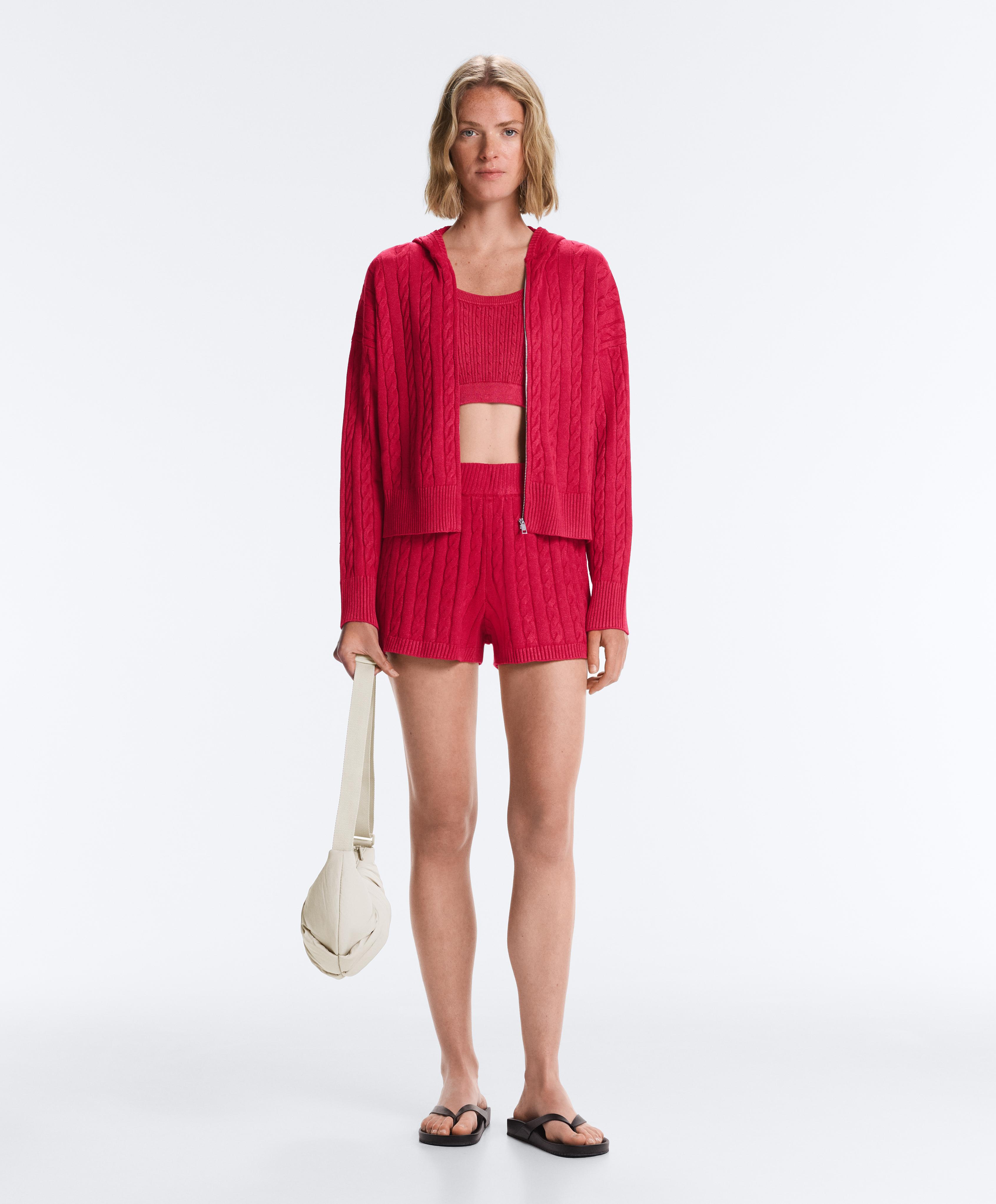 Washed cable knit hooded jacket — RED