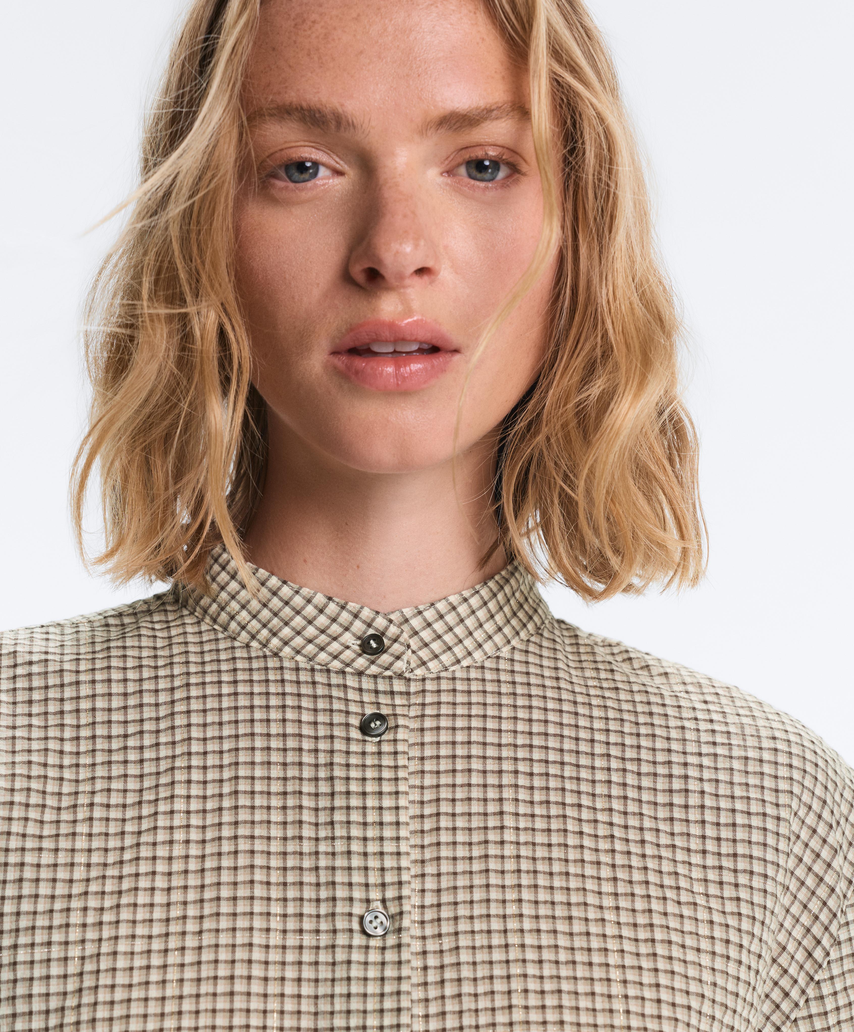 Check cotton blend stand-up collar shirt — BEIGE