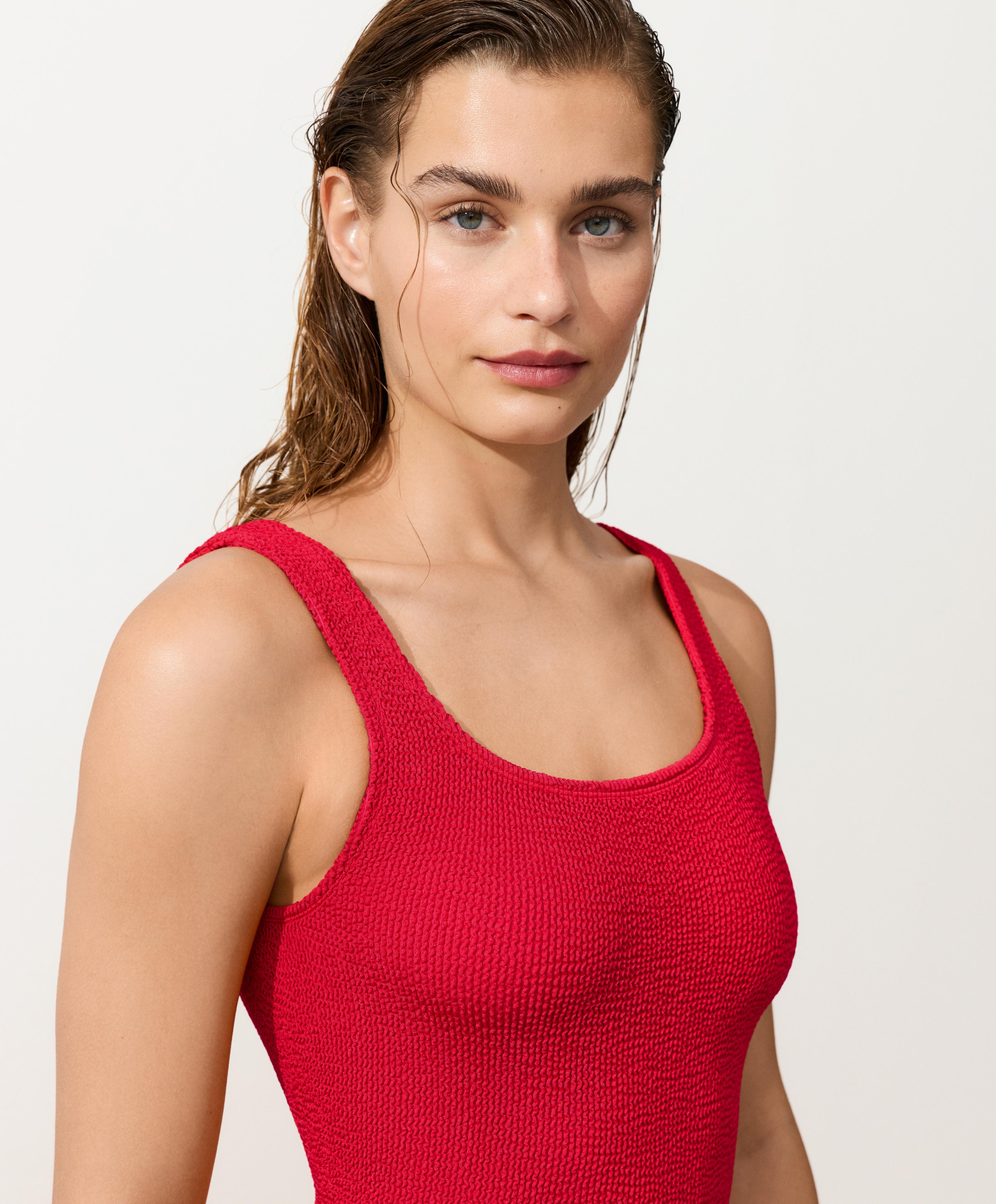 Crinkle round neck swimsuit — GERANIUM RED