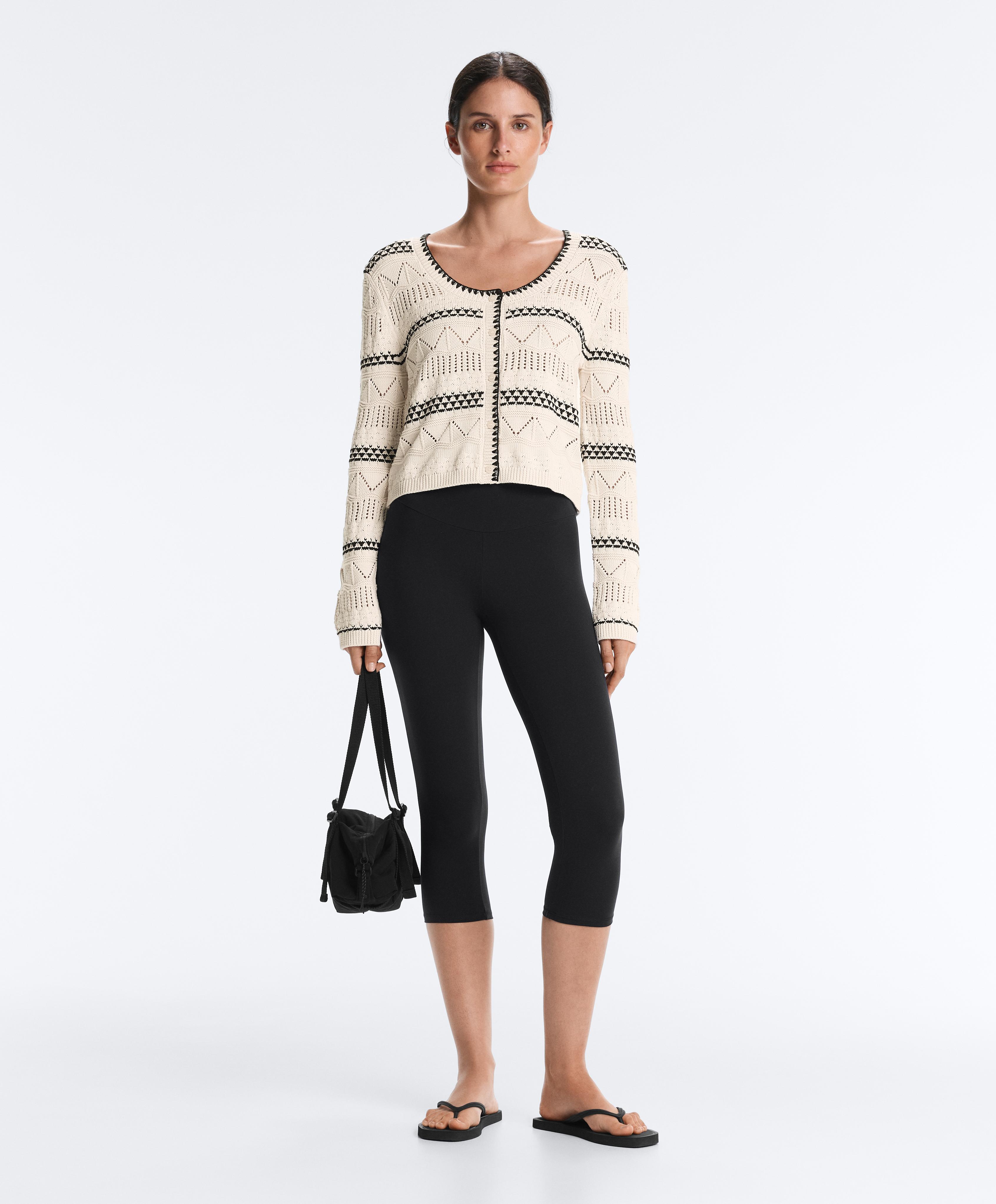 100% cotton contrast open-knit cardigan — PALE ECRU