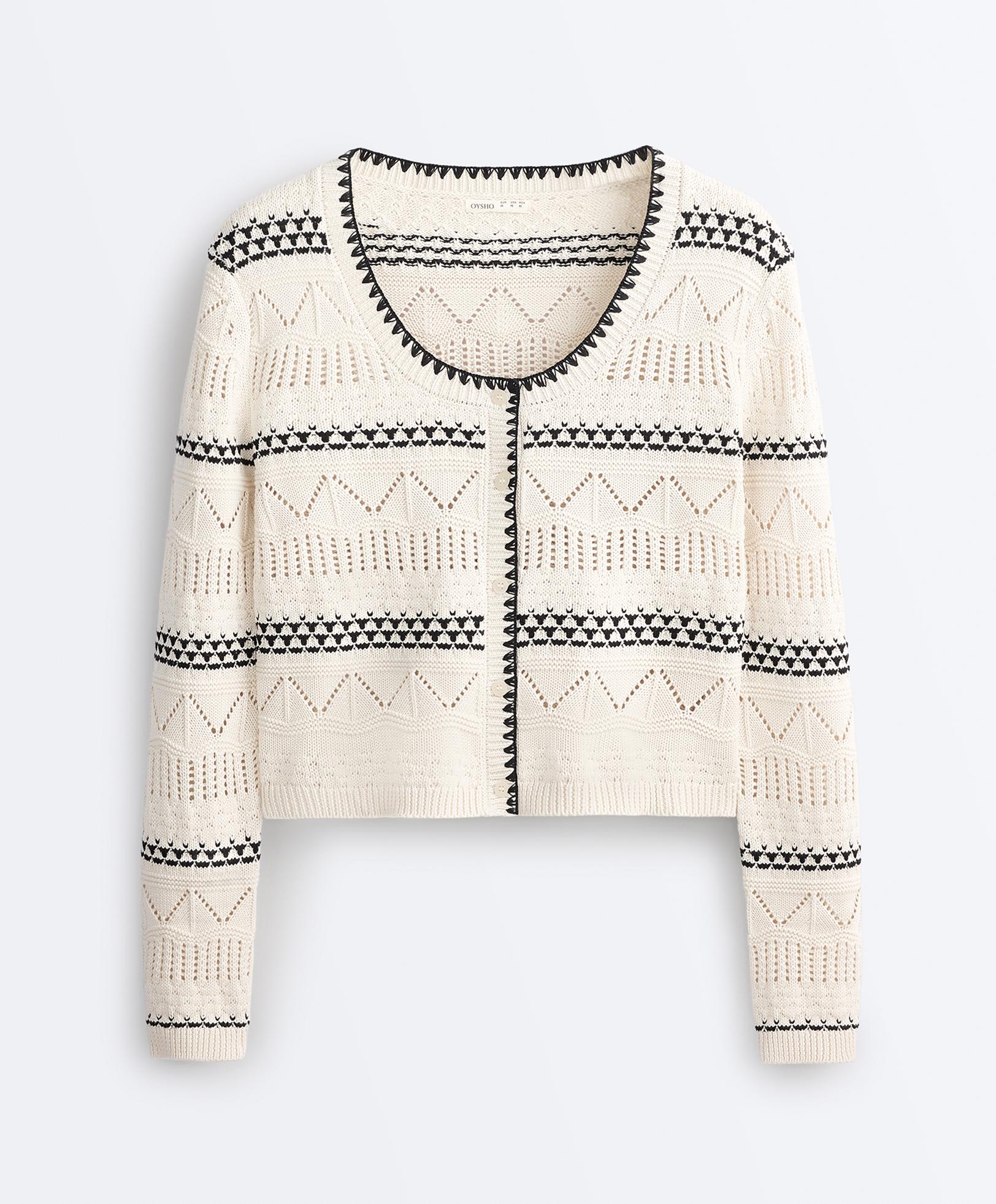 100% cotton contrast open-knit cardigan — PALE ECRU