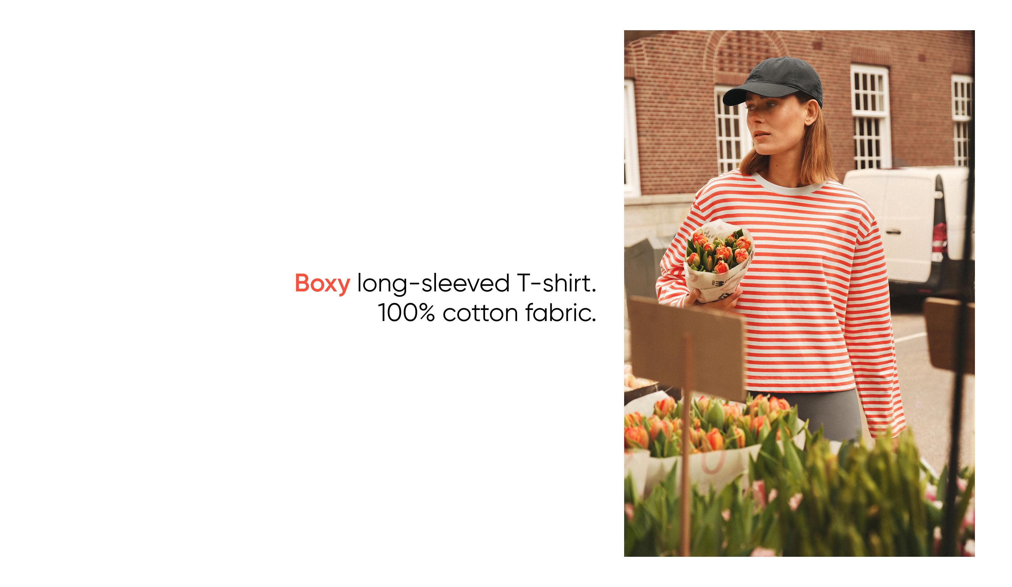 Boxy long-sleeved stripe 100% cotton T-shirt — BRIGHT ORANGE