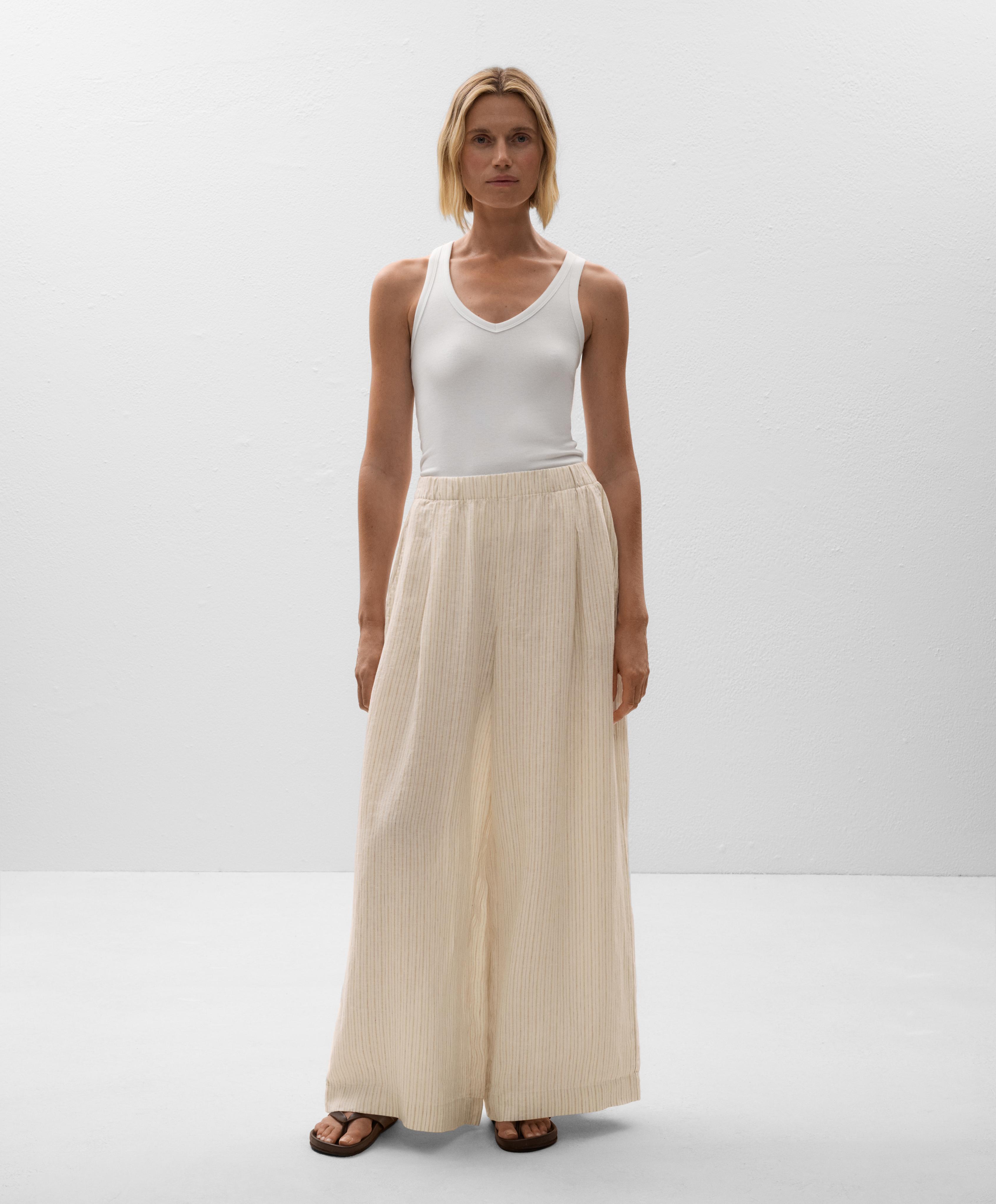 Παντελόνι ριγέ wide leg 100% λινό - Εκπτώσεις Παντελόνι ριγέ wide leg 100% λινό - Εκπτώσεις