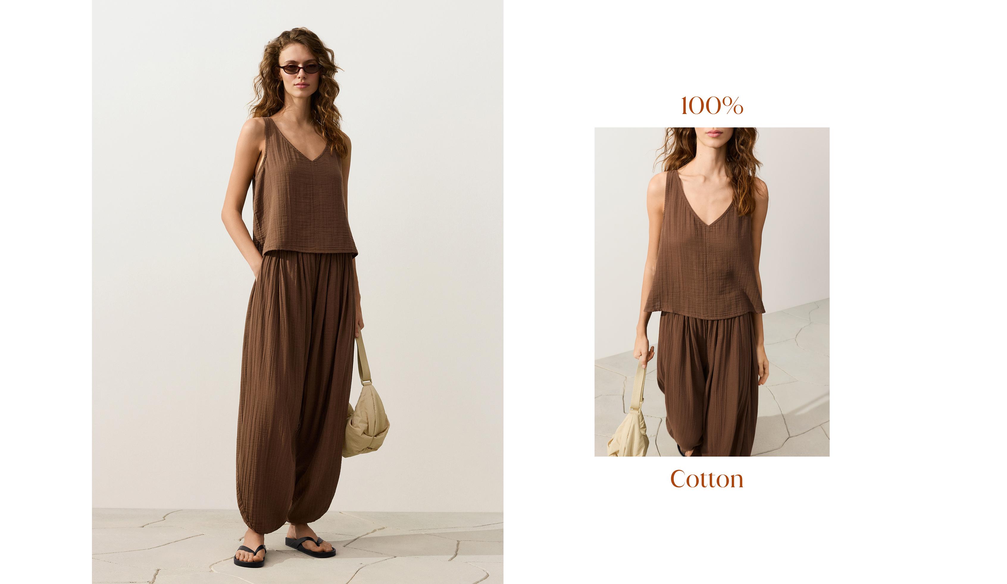 100% cotton gauze V-neck strappy top — TAN