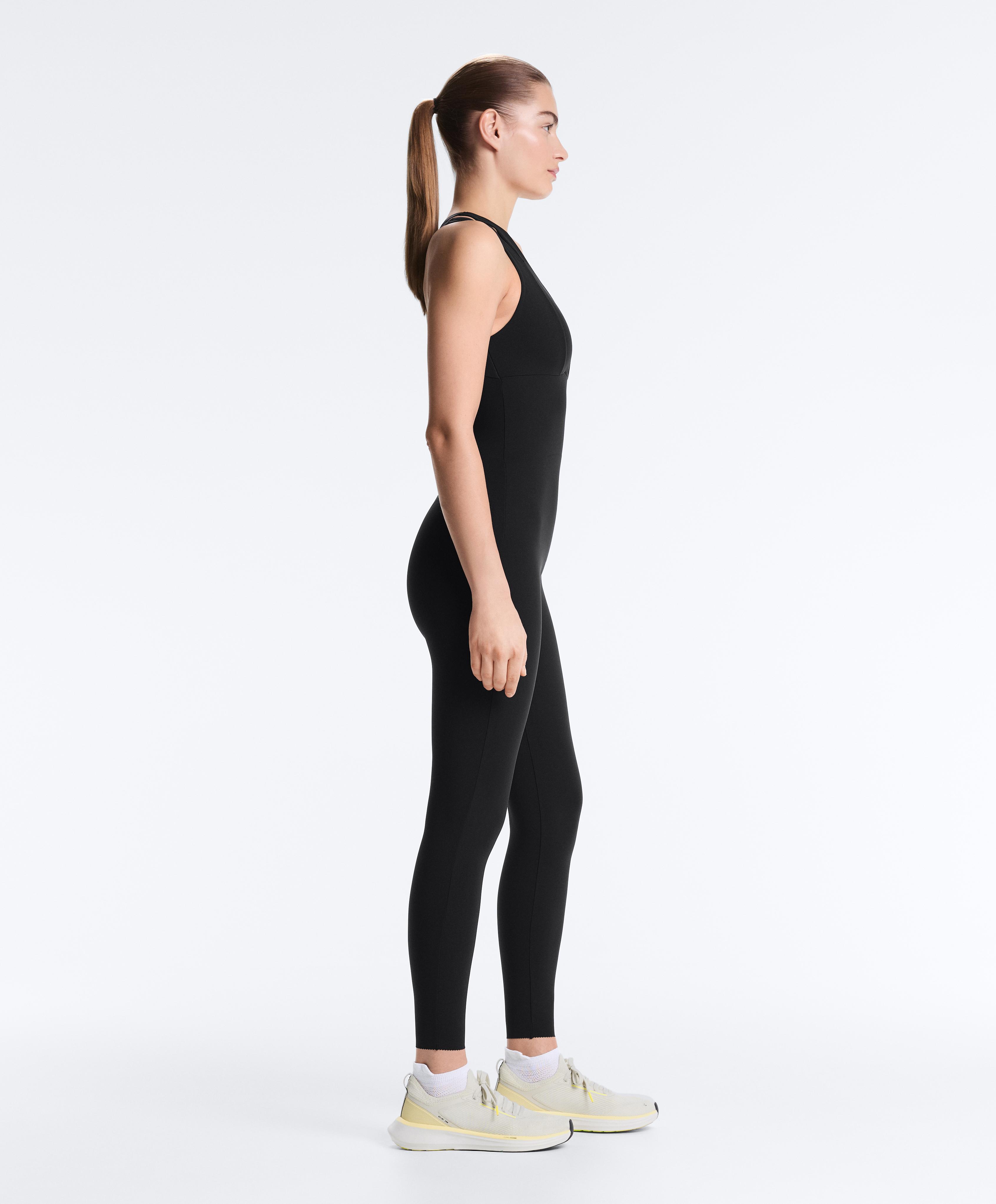 Compressive long jumpsuit with double strap — BLACK